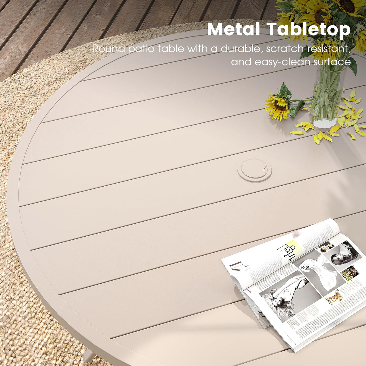 DIFY 9 Pieces Outdoor Patio Dining Set for 8, Swivel Dining Chairs with Sandshell Textilene and 60" Sandshell Round Metal Dining Table, Outdoor Table and Chairs for Lawn Garden Backyard Deck DIFY