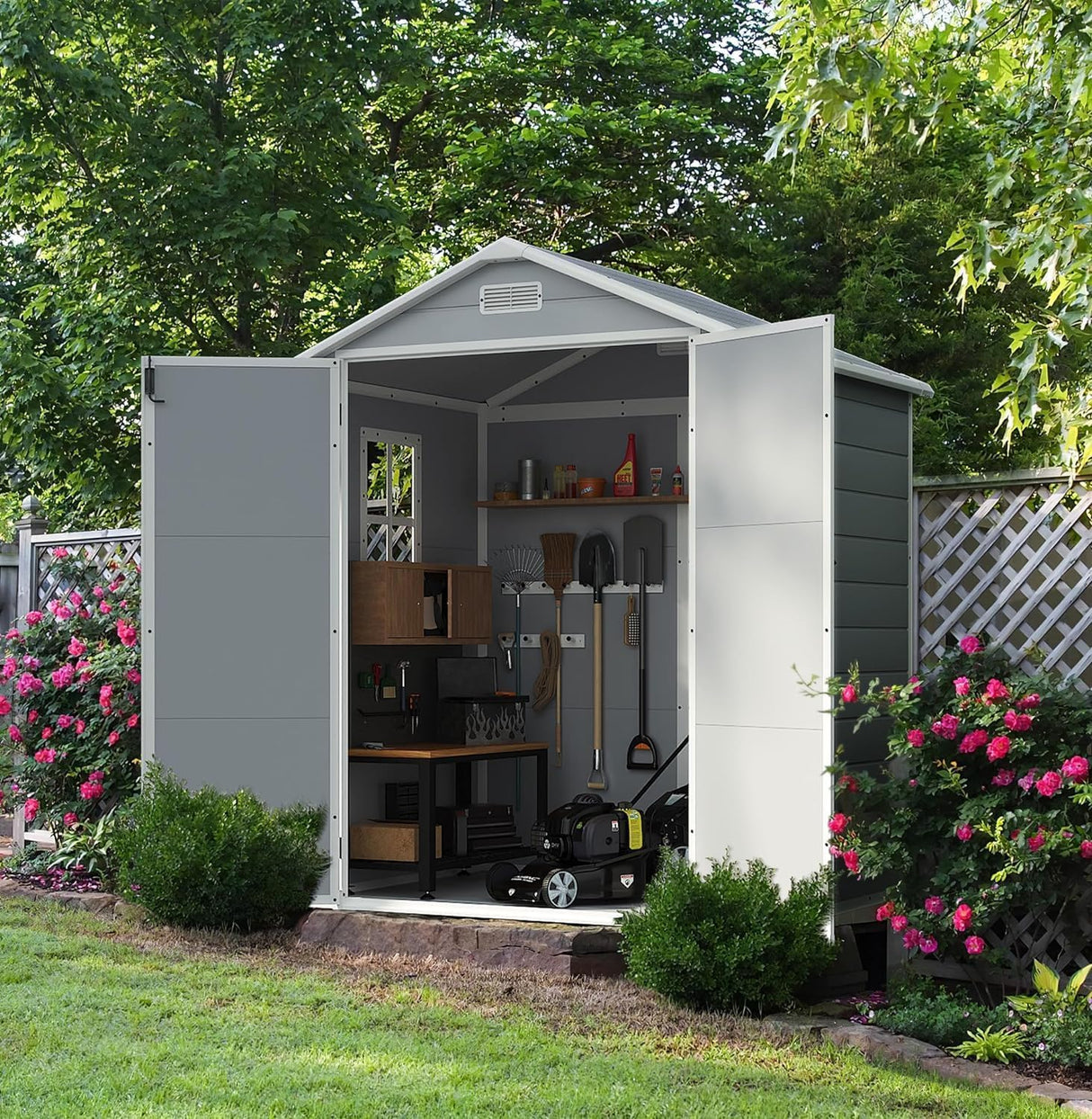 Devoko 6x4 FT Outdoor Storage Shed, Plastic Resin Garden Shed with Lockable Door & Built-in Floor, Waterproof Tool Shed for Backyard, Patio, Lawn, Pool Supplies (Grey) Devoko