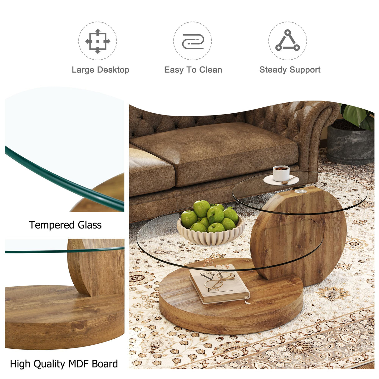 35.4" Glass Coffee Table, Small Round Coffee Table, 2-Tier Tempered Glass Tabletop with Wooden Base, Modern Center Table for Living Room, Home, Apartment, Ideal for Small Space CTPNMCIN