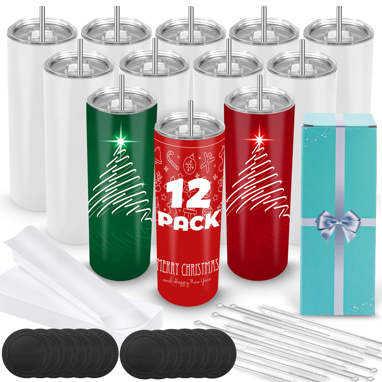 Joyclub 12 Pack Sublimation Tumblers 20 oz Bulk Blank Tumblers Skinny Straight Flat Bottom Cups White with Lid and Straw Joyclub