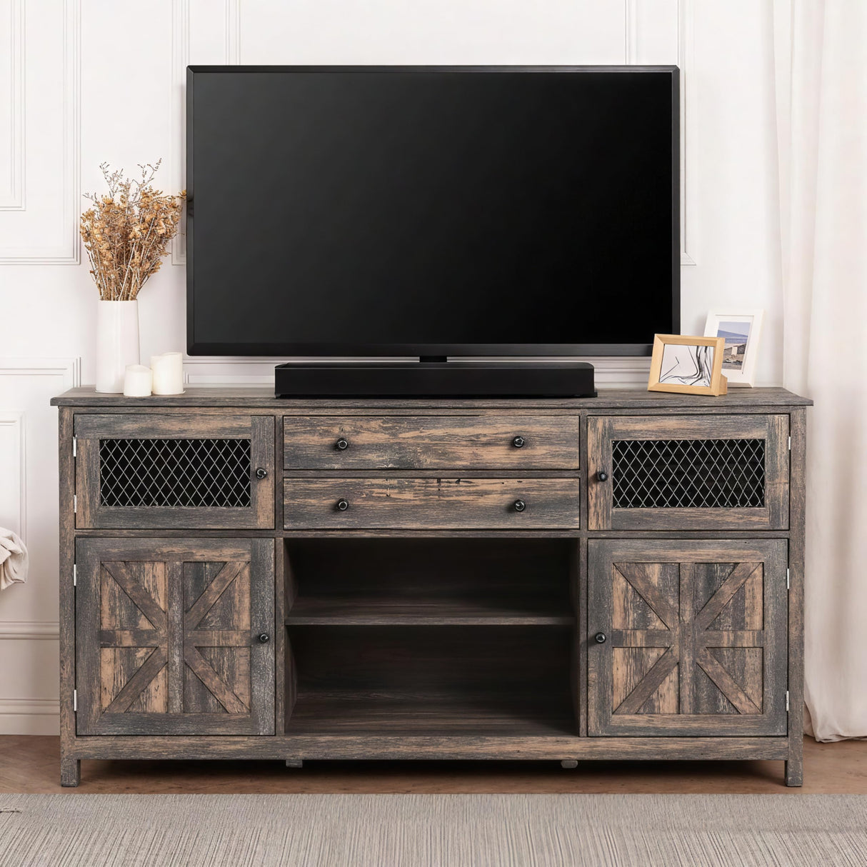 YITAHOME Farmhouse TV Stand for TVs up to 65", Entertainment Center with 2 Large Drawers & Visual Grid Door, 59" Rustic TV Consoles for Living Room, TV Media Console, Dark Rustic Oak YITAHOME
