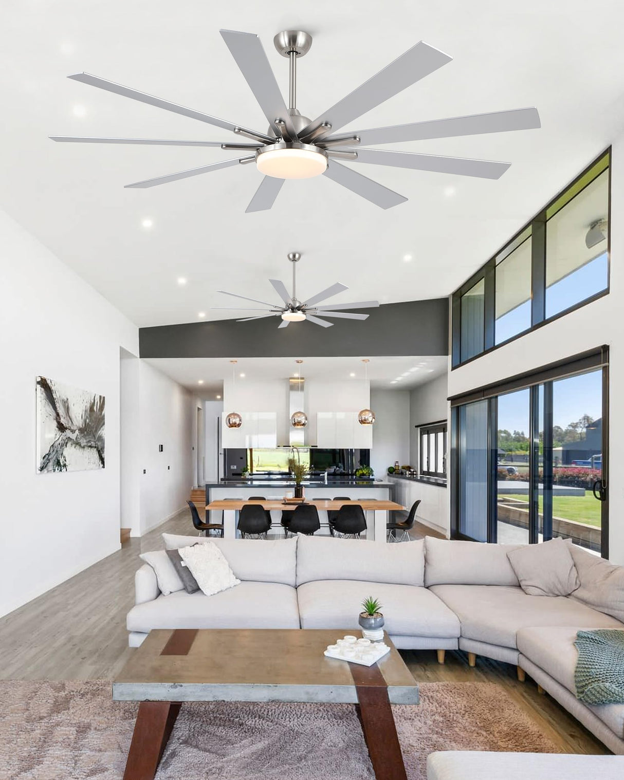 POCHFAN 72 inch Ceiling Fans with Lights and Remote, Large Ceiling fan with 9 Wooden Blades for Kitchen Living Room Indoor or outdoor Patio,Quiet 3 CCT,6 Speed, Brushed Nickel POCHFAN