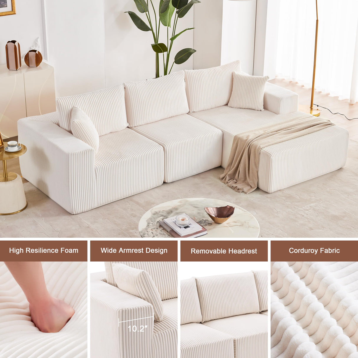 Weture 108” Modular Sectional Sofa, Cloud Sectional Couch with Deep Seat, Modern Modular L-Shape Sofa with Chaise,Upholstered Couches for Living Room (Corduroy, Beige) Weture