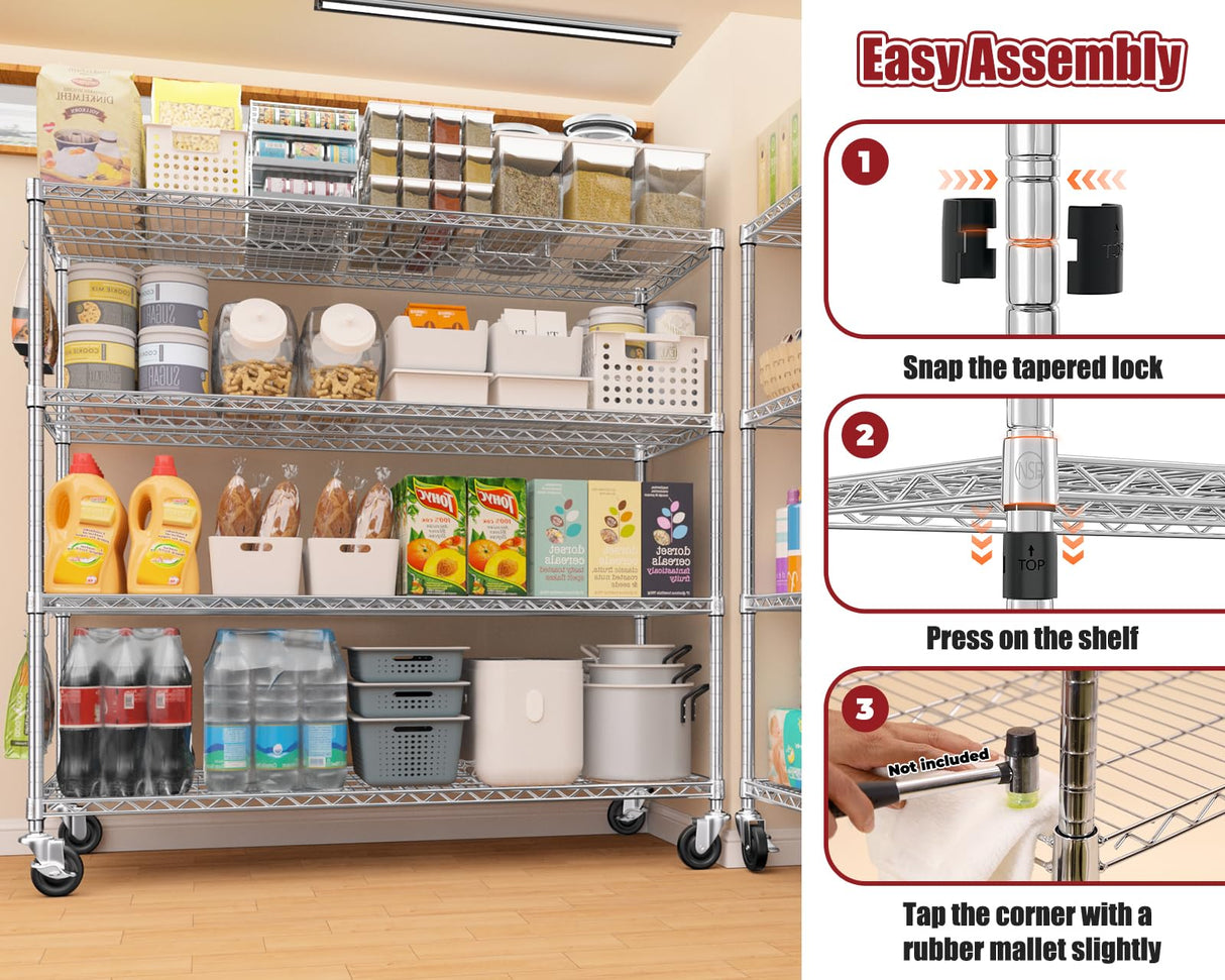 PrimeZone 4 Tier 55.5" Wx24 Dx76 H Wire Shelving with Wheels 2400lbs NSF Certified Storage Shelves Heavy Duty Metal Shelf Adjustable Rolling Rack Commercial Garage Restaurant Warehouse Kitchen Chrome PrimeZone