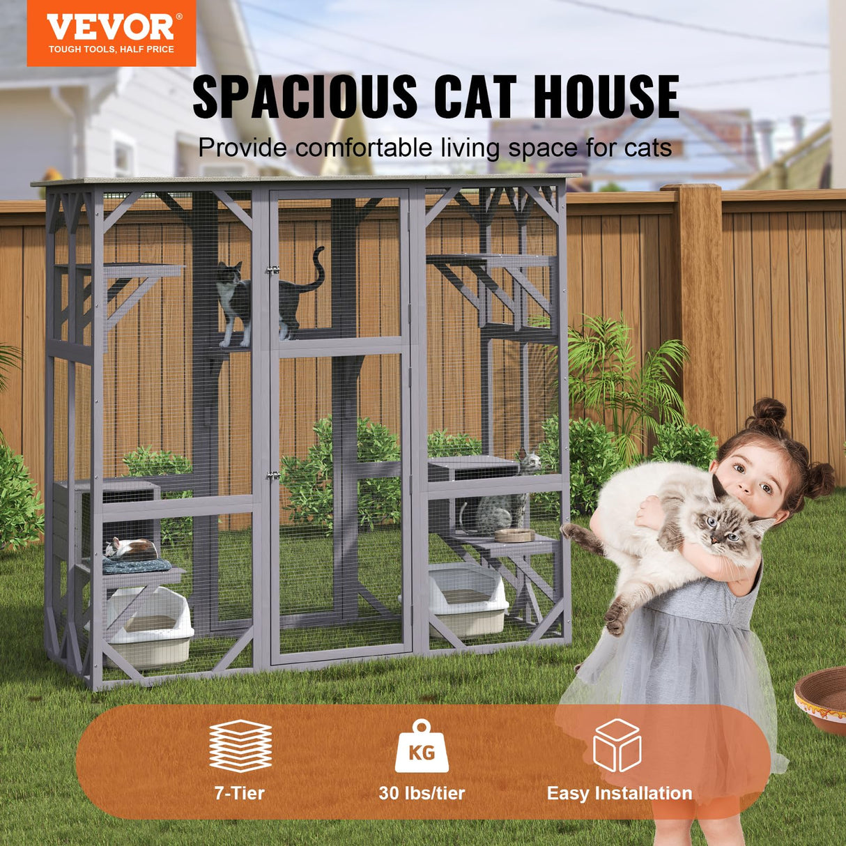 VEVOR Cat Cage Condo Catio Outdoor/Indoor Cat Enclosure, Wooden Cat House with 5 Platforms, 7-Tier Pet Playpen with 2 Resting Box, Cat Crate Cat Kennel with Waterproof Roof, 71.2"L x 34.6"W x 66.5"H VEVOR