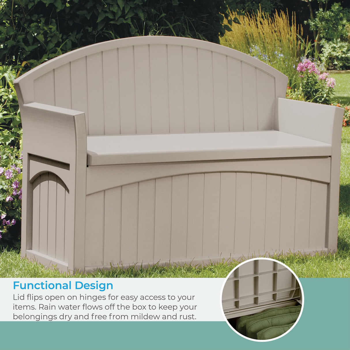 Suncast 50 Gallon Patio Bench with Storage - Decorative Resin Outdoor Patio Bench for Deck, Patio, Garden, Backyard - Ideal for Storing Toys, Cushions, Tools - Taupe () Suncast