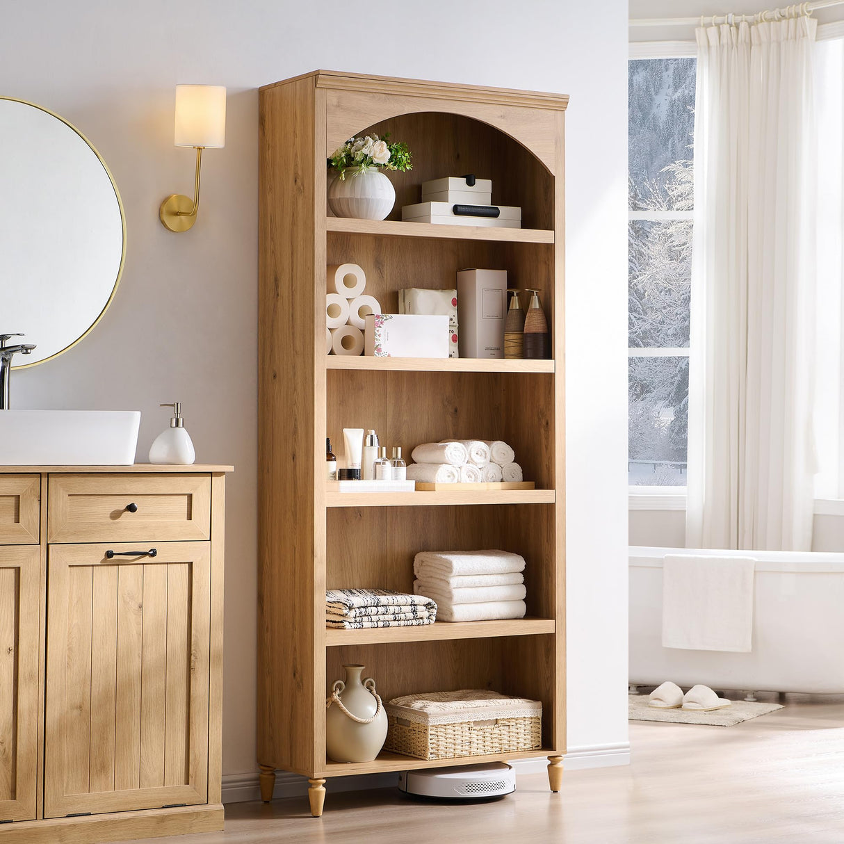 IFGET 76" Tall Arched Bookcase, Farmhouse 5 Tiers Large Arched Bookshelf Cabinet with Adjustable Shelves, Modern Wooden Book Shelf w/Storage and Open Display Shelves for Living Room, Office-Natural IFGET