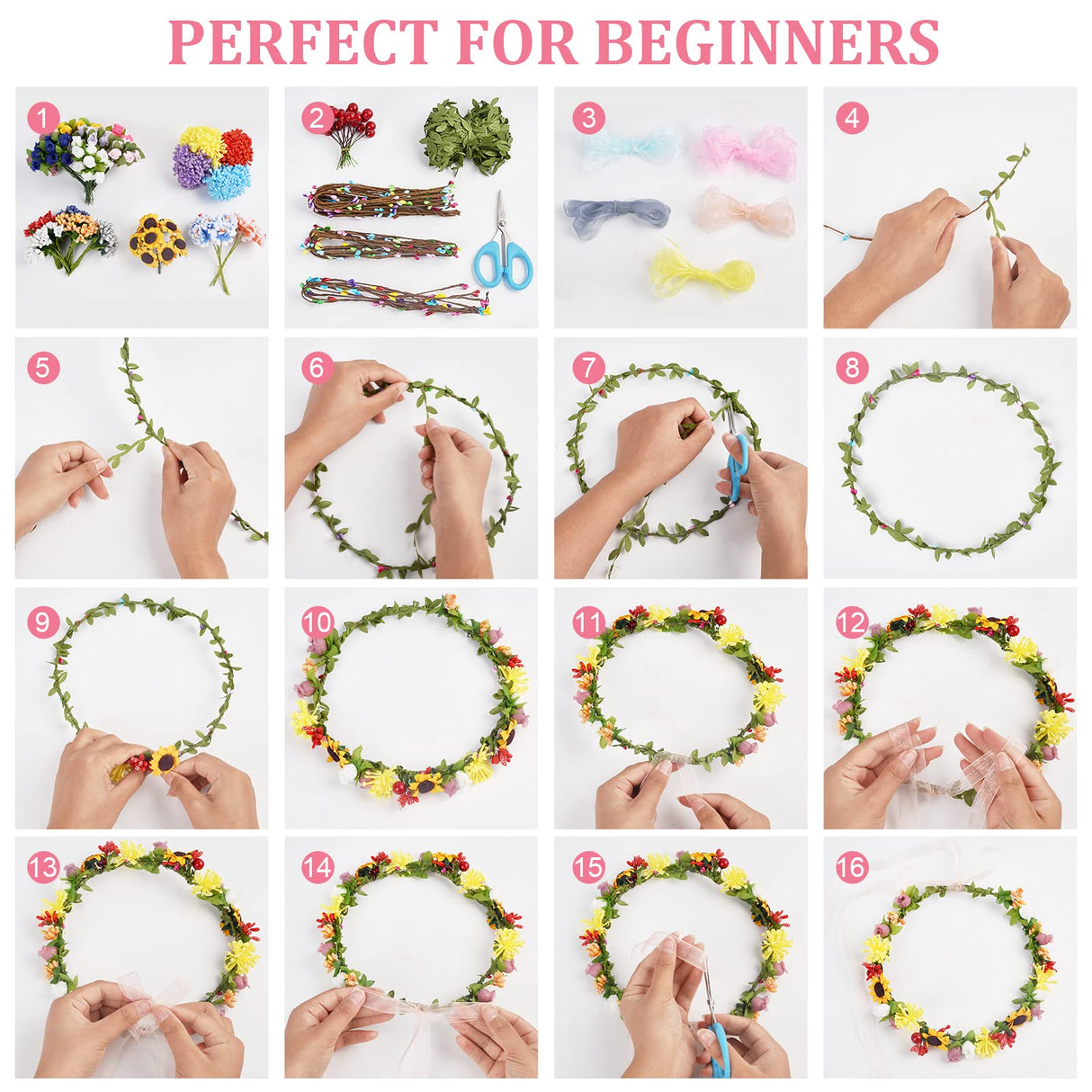 INFUNLY 261pcs/Set DIY Flower Crowns Making Kit Handmade Floral Crown Garland Kit Make Your Own Flower Wreath Bridal Shower Wreaths Gift for Women Wedding Home Decor INFUNLY