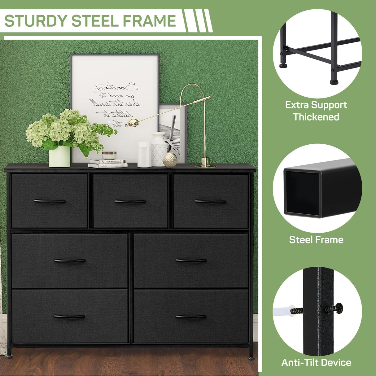 Zibbizo Dresser for Bedroom, 7 Storage Drawers, Anti-Tip Wide Fabric Closet Chests Organizer Tower Furniture, TV Stand for TV up to 45 inch with Wooden Top Metal Frame for Clothes, Living Room Zibbizo