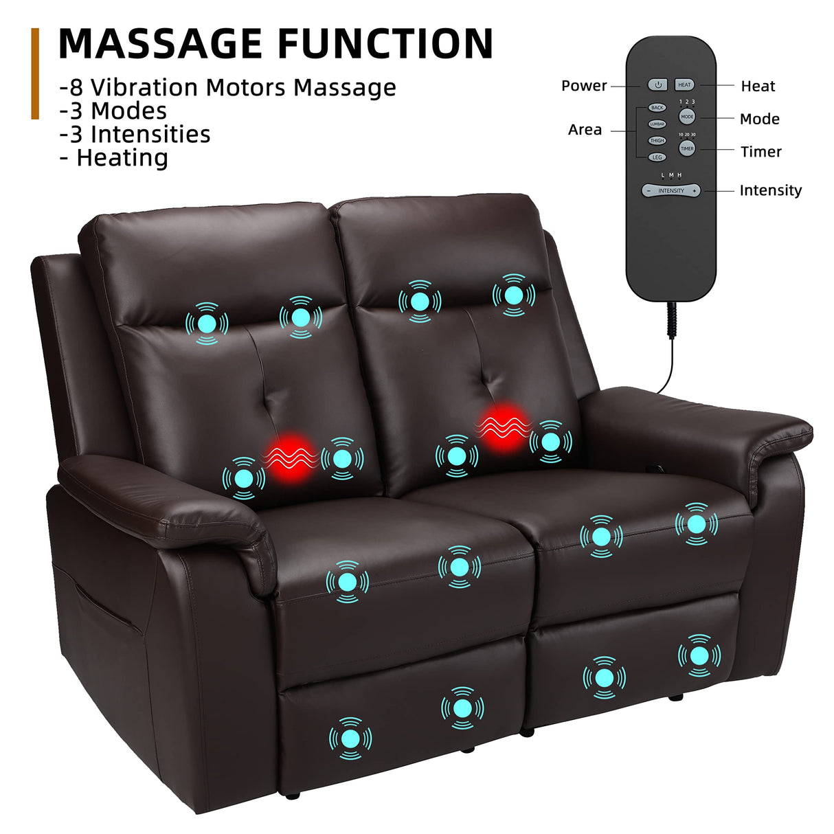 VUYUYU 2 Seater Recliner Sofa - Double Reclining Loveseat with Massage & Heating - PU Leather Home Theater Seating Manual Recliner Motion Living Room Chair (Brown) VUYUYU