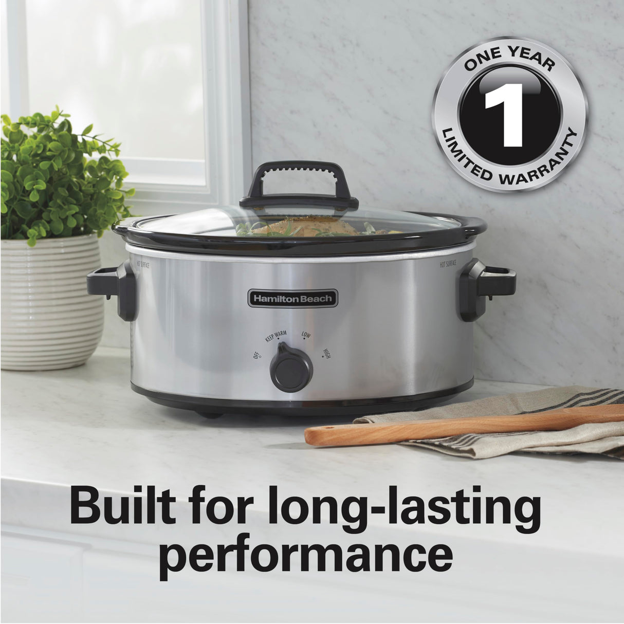 Hamilton Beach 6-Quart Slow Cooker with 3 Cooking Settings, Dishwasher-Safe Stoneware Crock & Glass Lid, Silver (33665G) Hamilton Beach