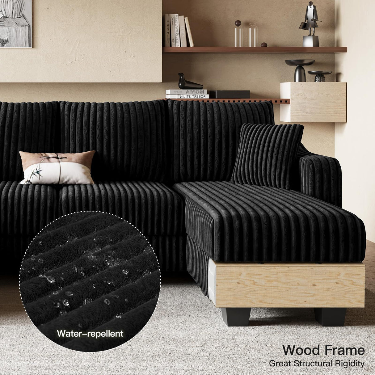 Belffin U Shaped Couch with Reversible Chaises Sectional Couches for Living Room Sectional Couch with Ottomans Corduroy (Black, U Shaped) Belffin