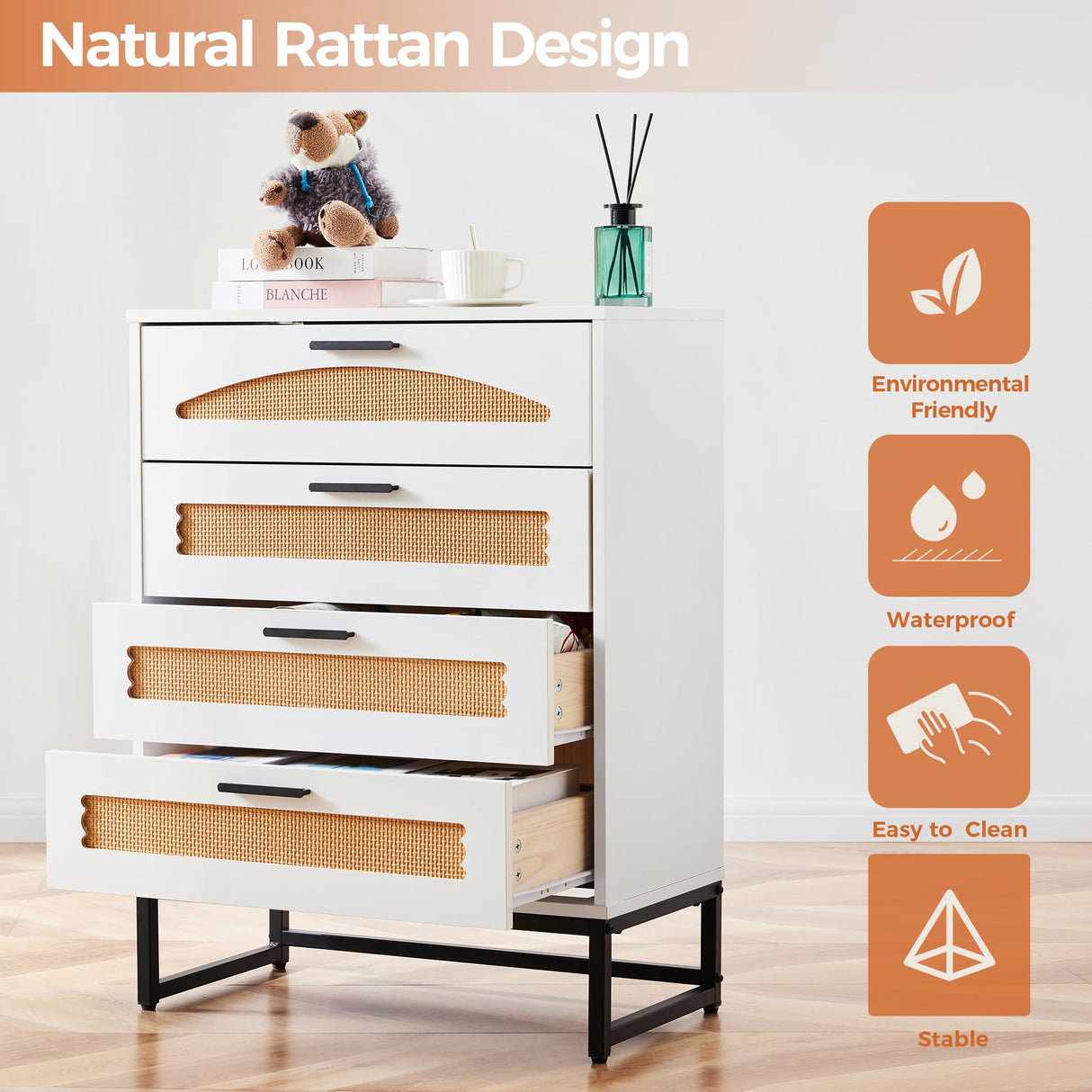 Mericonia 4 Drawer Rattan Dresser for Bedroom, Wood Tall Dresser for Closet with Metal Handles, Boho Nightstand Sets, Dressers & Chests of Drawers for Bedroom, Hallway and Entryway, White Mericonia