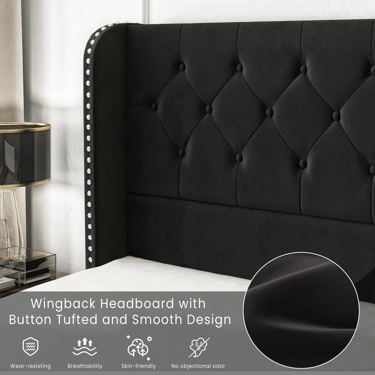 LARMACE Velvet Black King Size Bed Frame with 4 Storage Drawers and Tufted Wingback Headboard LARMACE