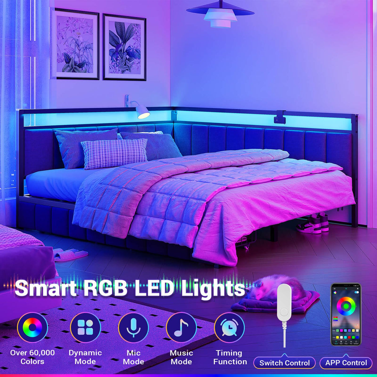 Hasuit Corner Bed Frame with Storage Drawers, Full Daybed with Line Fabric Upholstered Fence, Kids Bed Unit with LED Light and Charging Station, Modern Bed Frame Full Size, Gray Hasuit