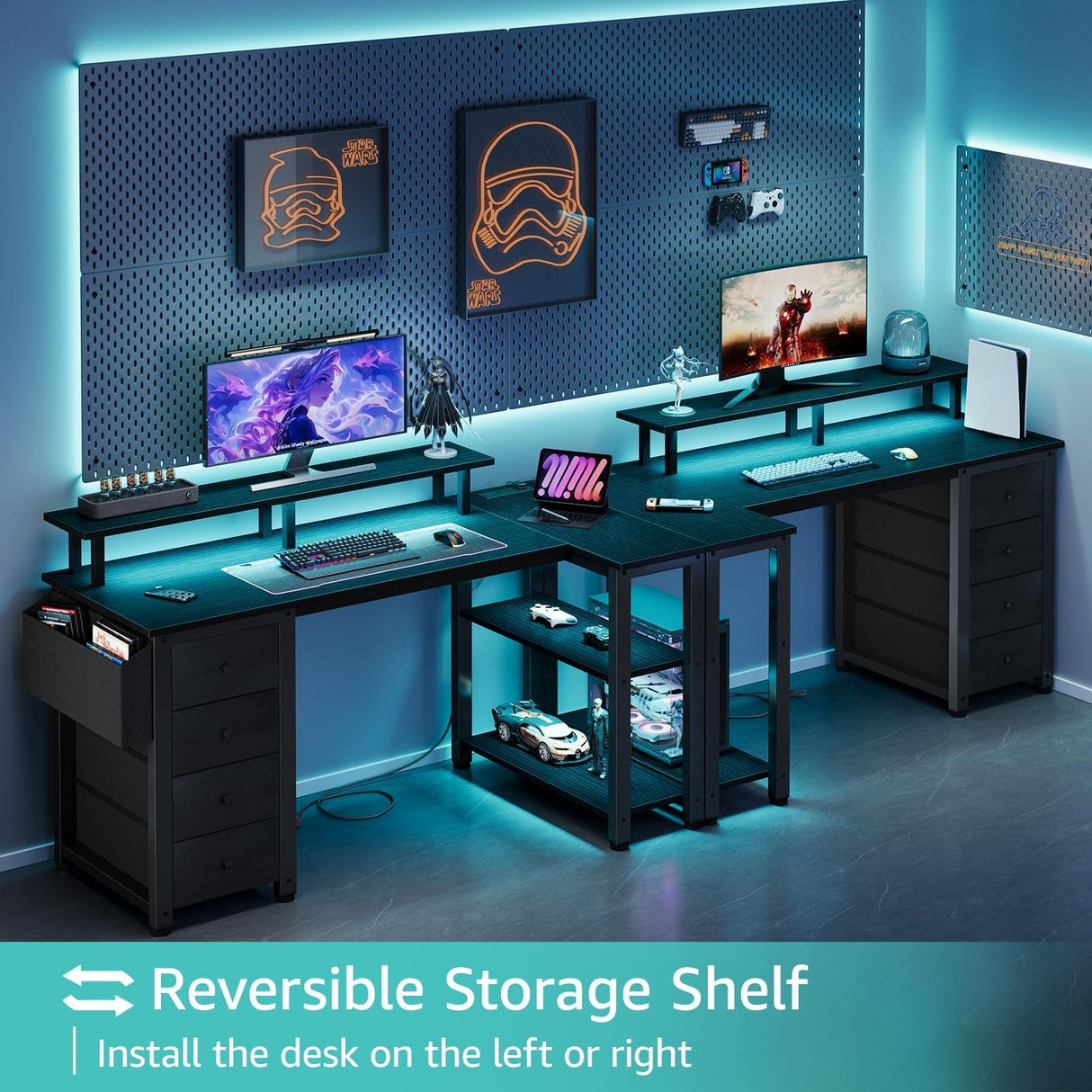 Lufeiya L Shaped Gaming Desk with Led Lights and Power Outlets, 47 Inch Writing Study Computer Desks with Fabric Drawers for Bedroom, Corner Home Office Desk with Monitor Stand Shelves, Black Lufeiya