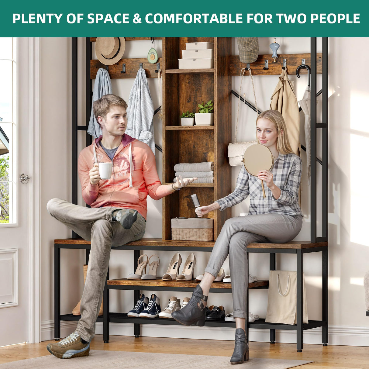 YITAHOME Farmhouse Entryway Bench with Coat Rack 59", 5-in-1 Hall Tree with Bench and Shoe Storage for Entrance, Living Room, Bedroom, Rustic Brown YITAHOME