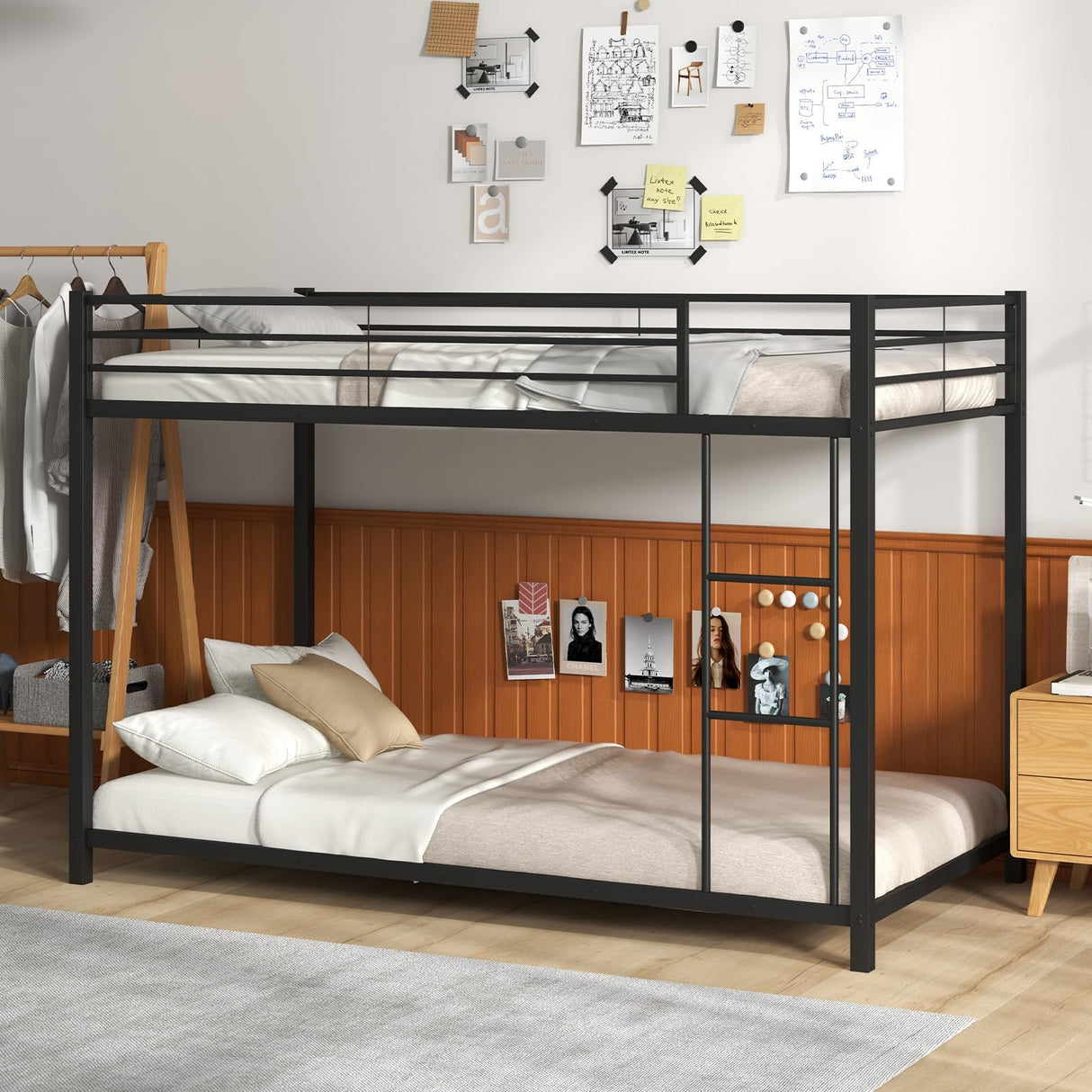 KOMFOTT Metal Low Bunk Bed Twin Over Twin, Heavy Duty Bunk Bed Frame with Ladder & Full-Length Guardrails, Metal Slatted Floor Bed Frame for Teens & Adults, No Box Spring Needed (Black) KOMFOTT