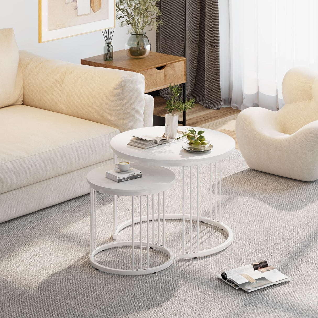Garden 4 you Nesting Coffee Table, 23.6" Round Coffee Table Set of 2, Wooden Nesting Table with Metal Frame, Ceter Tables for Living Room Bedroom Balcony, White Garden 4 you