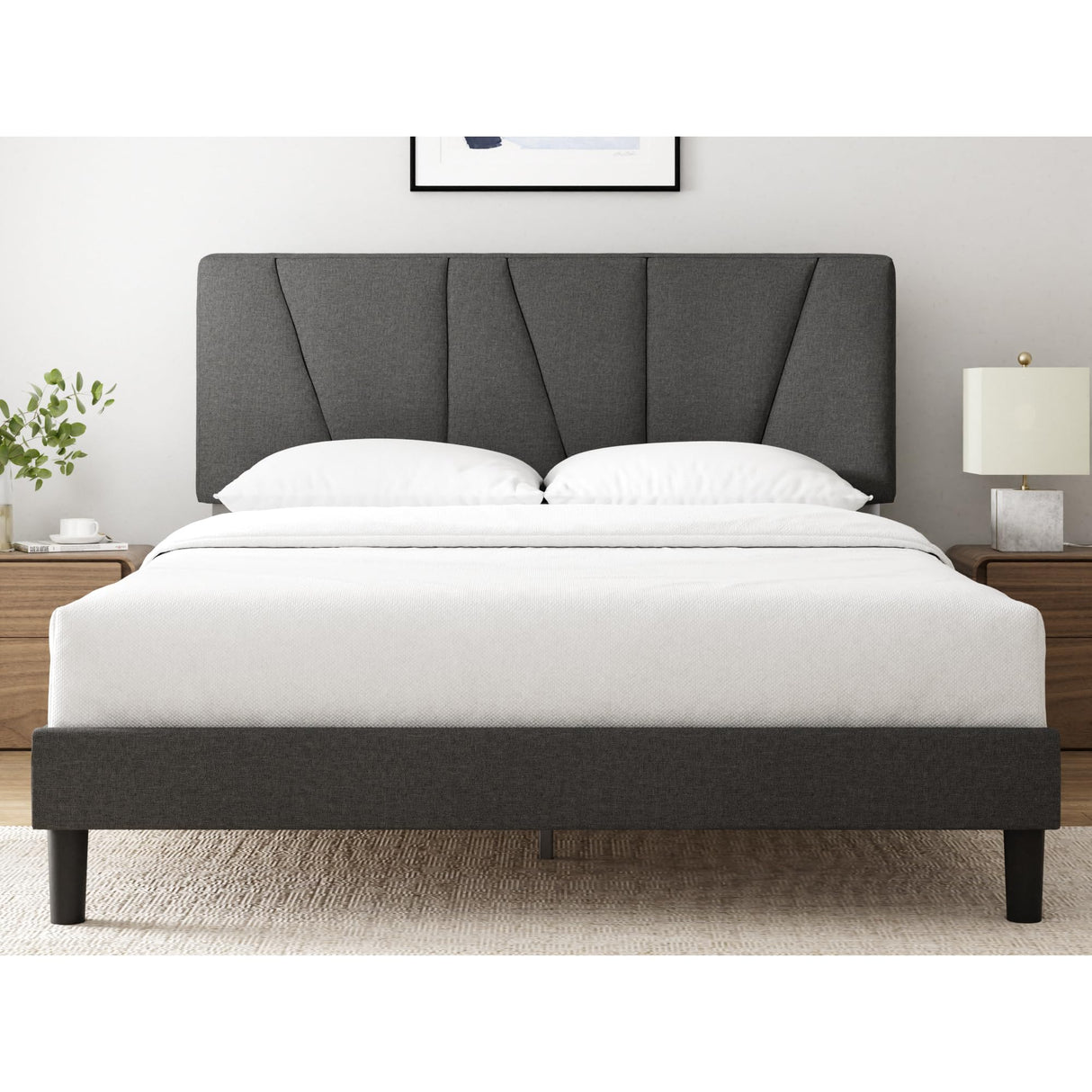 ZINUS Queen Maya Upholstered Bed Frame with Asymmetric Headboard, Durable Wooden Slats, Sturdy Framework, Noise Free Sleep, No Box Spring Needed, Easy Assembly, Eco Friendly Packaging, Dark Grey Zinus
