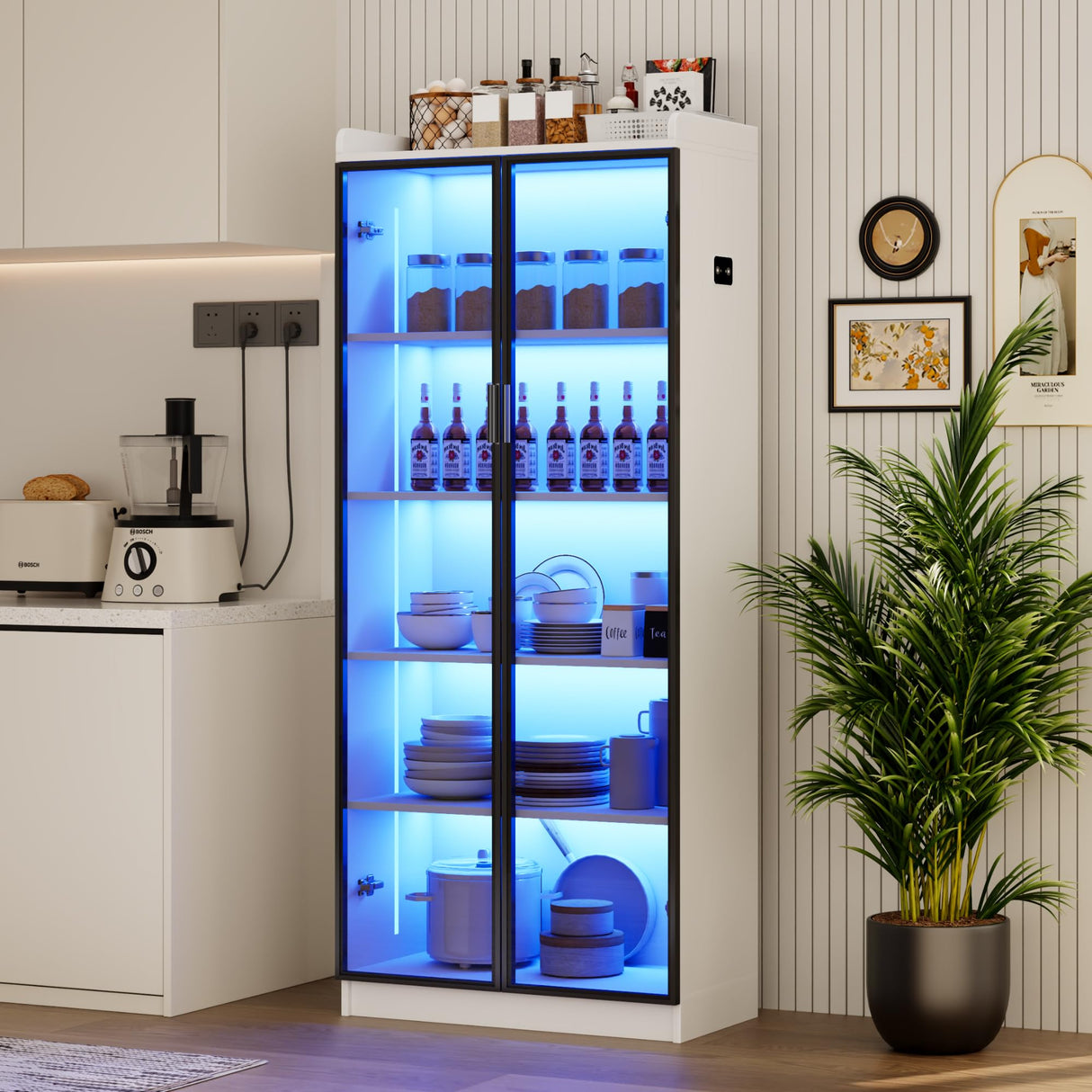 Storage Cabinet with Doors Adjustable Shelves - 65" White Tall Kitchen Pantry Organizer with Metal Handle/LED Lights/Human Sensor - 5 Tier Display Bookcase for Bedroom Living Room Office Dystler