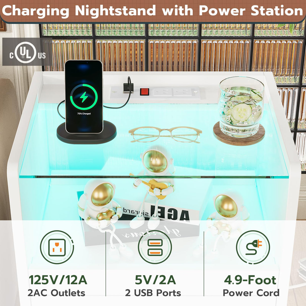 VIAGDO White Nightstand with Charging Station and LED Lights, 2 Drawers LED Night Stand with Tempered Glass Tabletop, Modern End Side Tables with Pull-Out Tray, Open Storage Bedside Tables VIAGDO