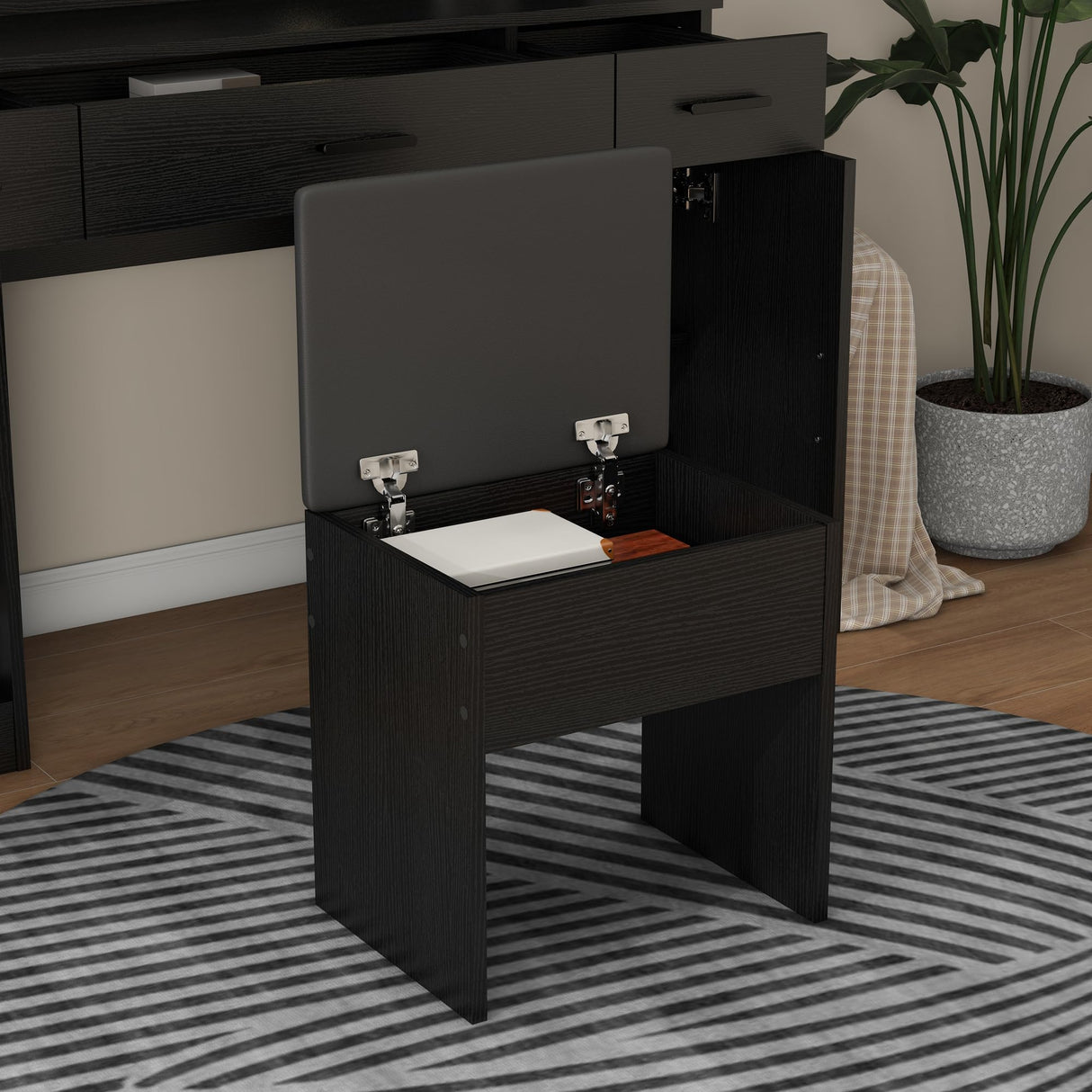 Vanity Desk, Makeup Table with Lights Vanity Set with 3 Drawers, 1 Cabinet & 6 Shelves 3 Lighting Modes Brightness Adjustable Dressing Table with Cushioned Stool for Bedroom, Dressing Room (Black) Panana