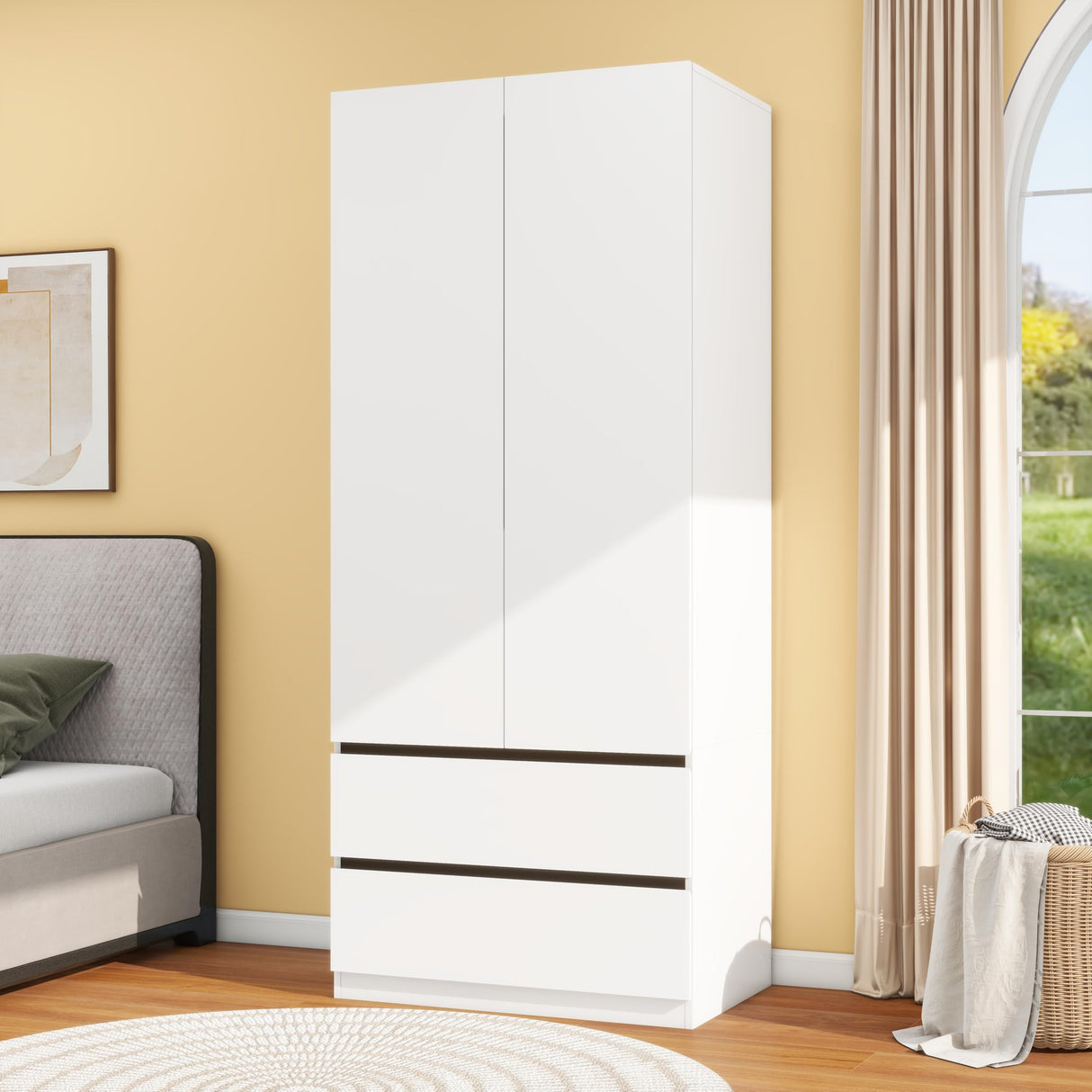 LABROSKIA Bedroom Armoire Wardrobe Closet with 2 Doors: 75" White Wooden Closet with 2 Drawers, Modern Large Wardrobe Closet for Hanging Clothes, Cabinet for Clothes(Contemporary, 1) LABROSKIA