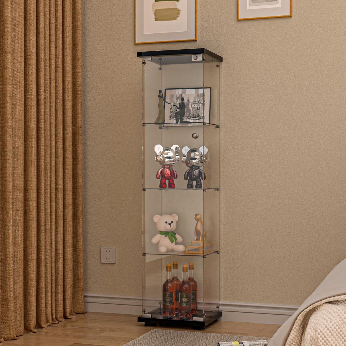 FANYUSHOW Glass Display Cabinet with Door and Lock, Quick-Install Style 4-Shelf Curio Cabinet 5mm Tempered Glass Floor Standing Bookshelf for Living Room, Bedroom, 65" H x 17''L x 14''W (Black) FANYUSHOW