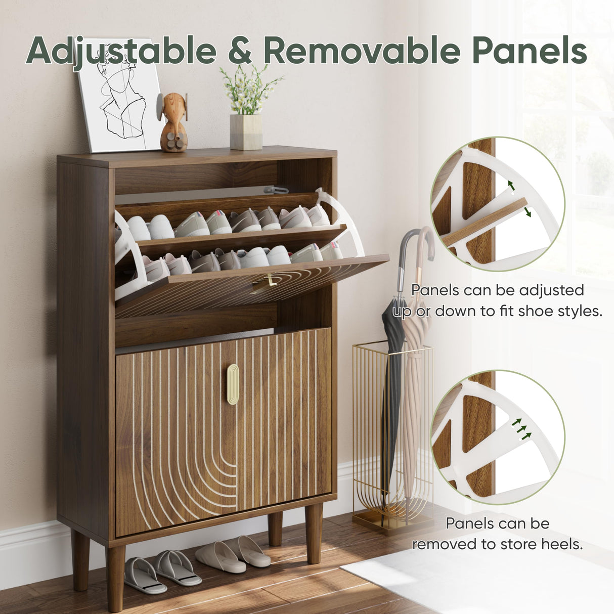 Smuxee Shoe Cabinet with 2 Flip Drawers, 23.6" Walnut Hidden Shoe Storage Cabinet with Line Groove Design, Freestanding Shoe Organizer Cabinet for Entryway, Hallway, Living Room Smuxee