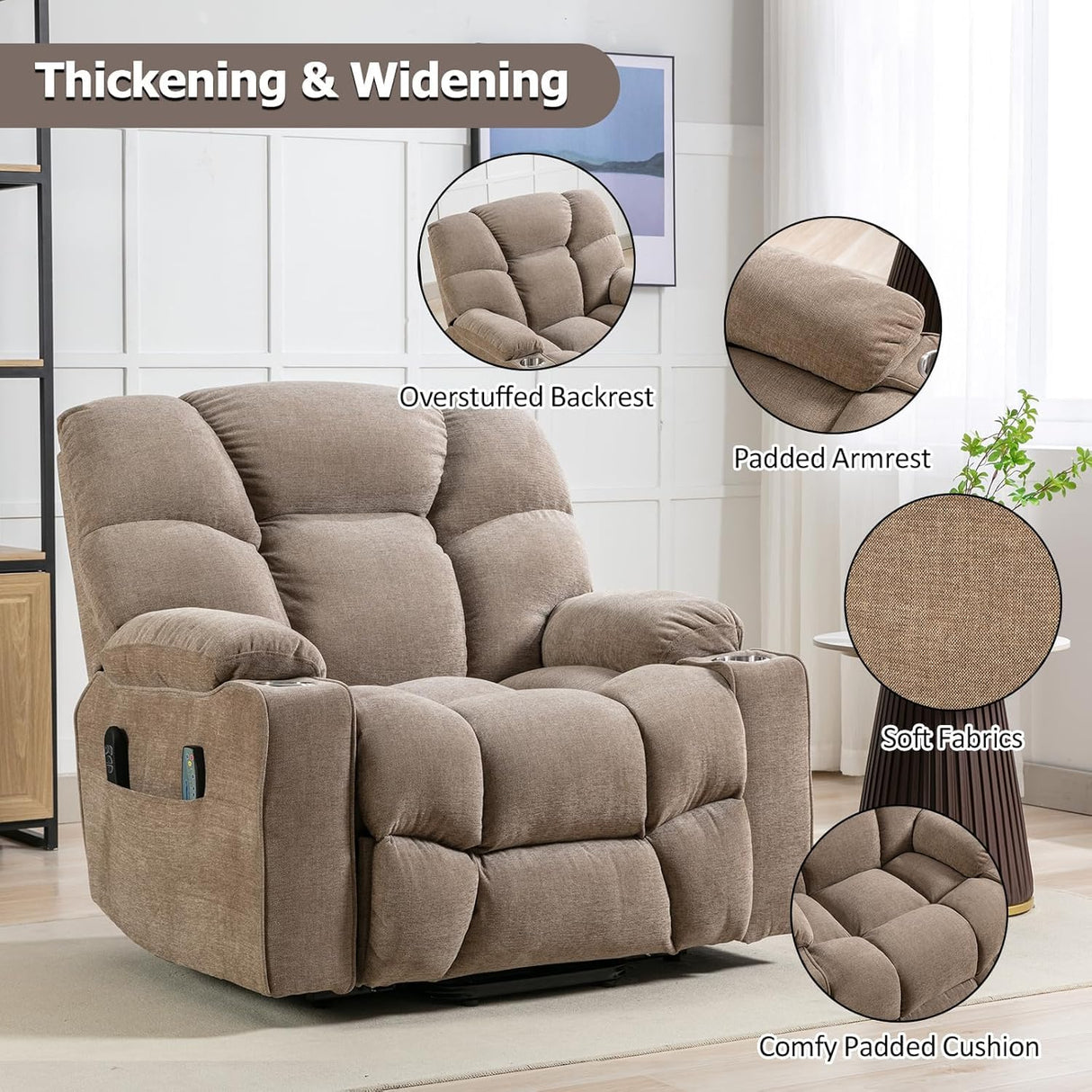 CANMOV Dual Motor Large Power Lift Recliner Chair for Elderly with Massage and Heat, Oversized Lay Flat Electric Lift Recliner, Heavy Duty Recliner Chair with USB Port, Side Pocket, Cup Holders, Brown CANMOV