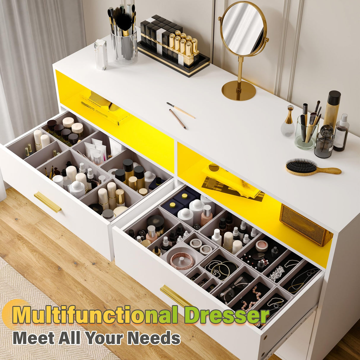 EnHomee 6 Drawer Dresser for Bedroom White Modern Dresser with LED Lights,Large TV Stand,Hallway,47.3" W x 39.4" H x 15.8" D, EnHomee