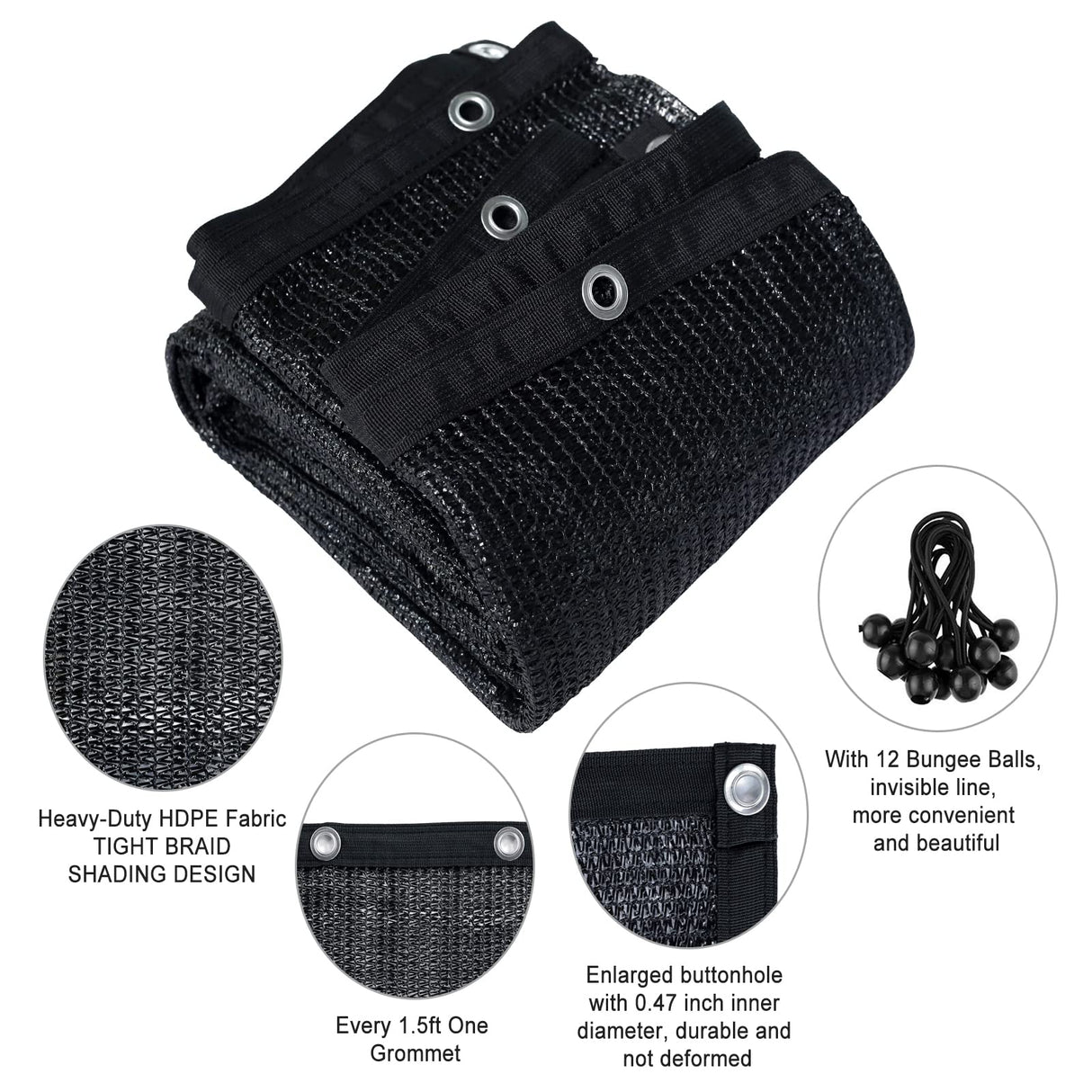 Shatex 90% Shade Cloth 10x20ft Hanging-up Sunblock Shade Panel, Black, 12 Bungee Balls Shatex