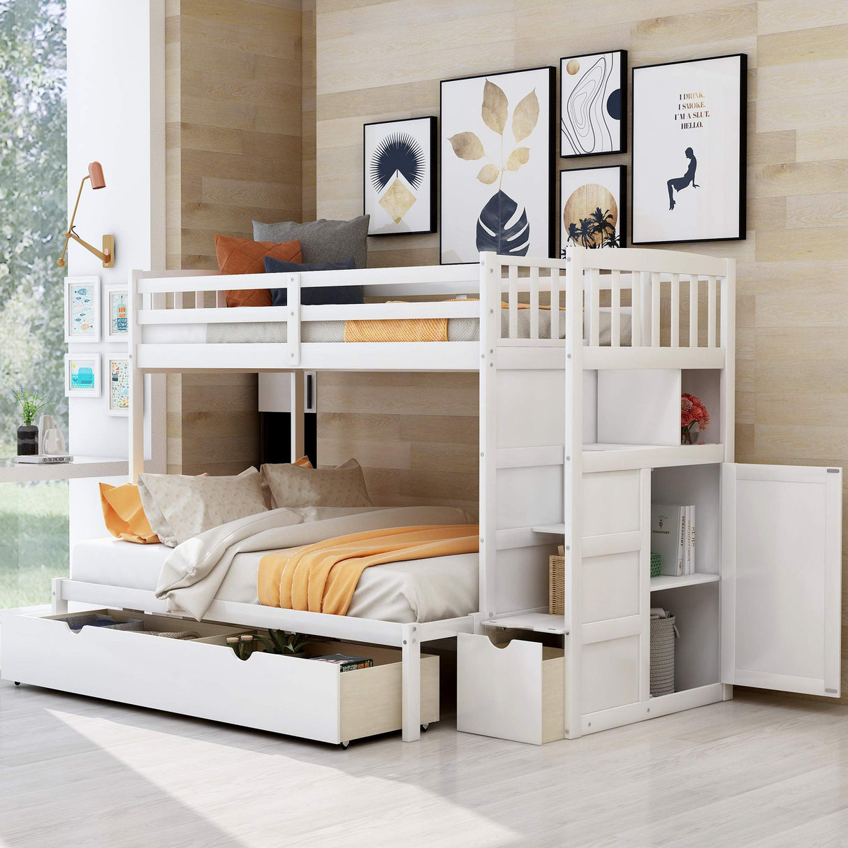 Merax Twin Over Full/Twin Wood Bunk Bed with Storage Shelves and Drawers, Wooden Convertible Bed Frame for Bedroom, No Spring Box Needed, White Merax