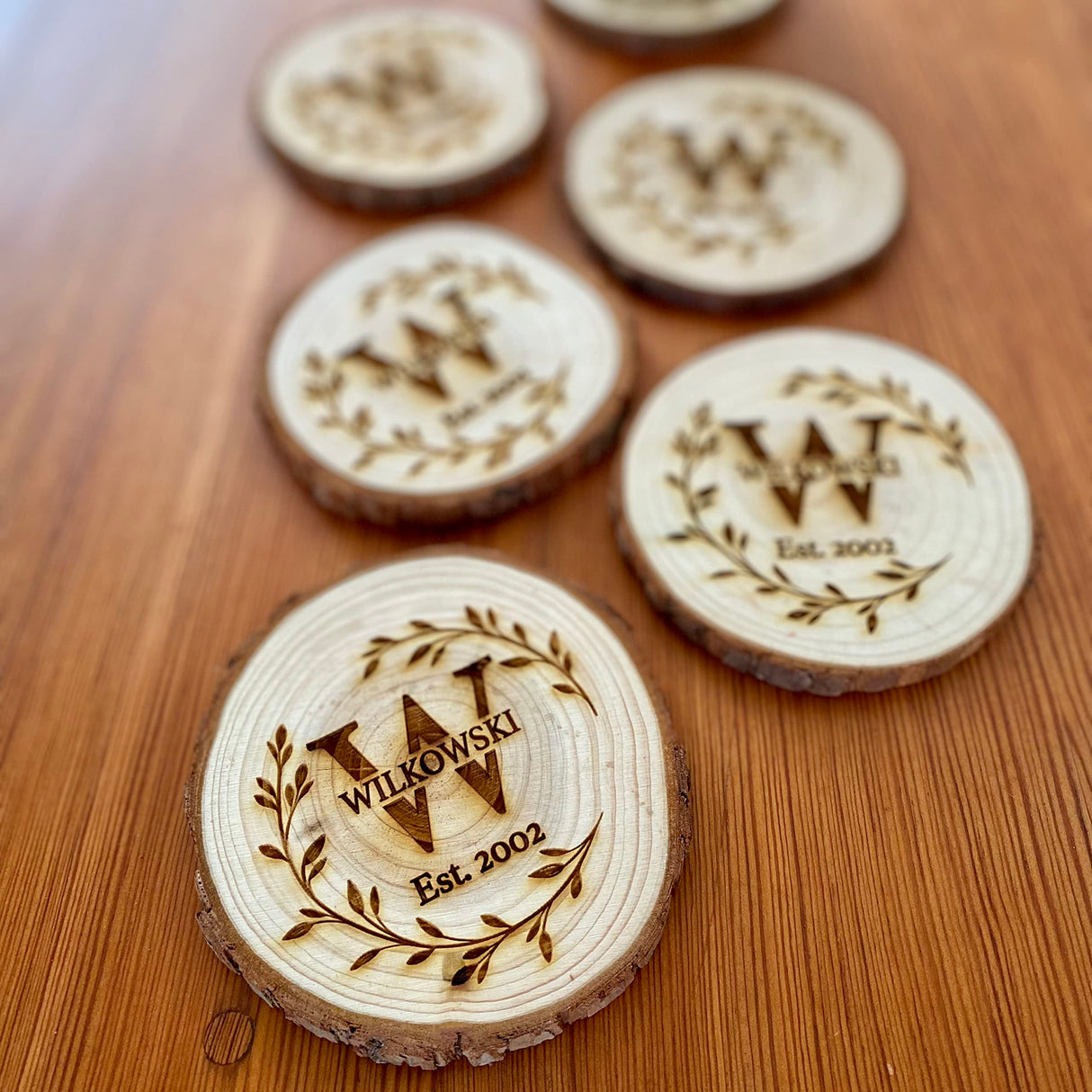 Monogrammed Name Engraved Wood Coaster Set - Set of 4 - Perfect Valentine's Day, Wedding, Engagement, Anniversary, or Christmas Present Generic