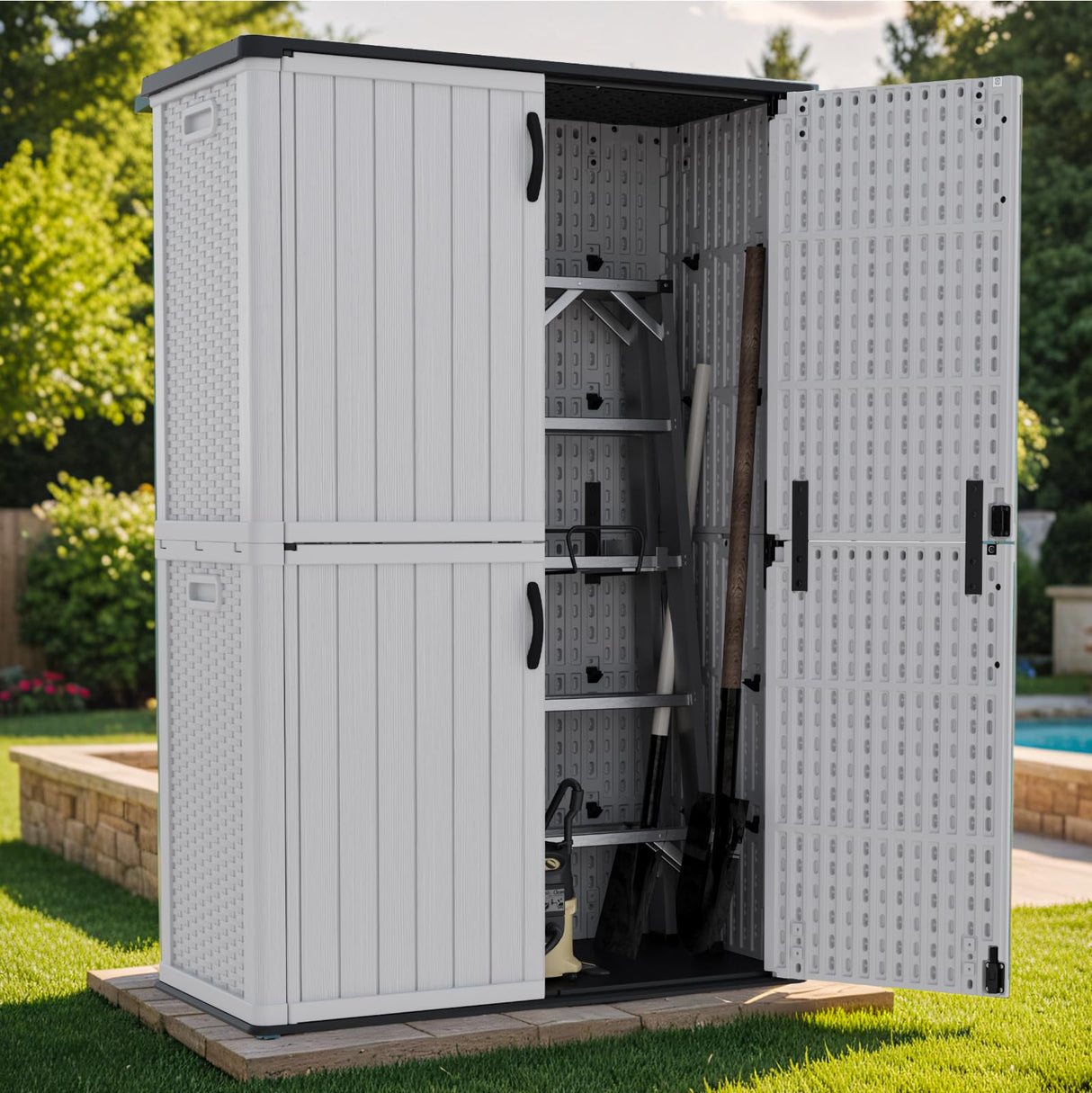 Patiowell 50 cu.ft Plastic Outdoor Storage Shed, Lockable Waterproof Resin Storage Cabinet Vertical Storage Shed for Garden Tools, Garbage Cans, Pool Supplies, White(Not Include Shelves) Patiowell