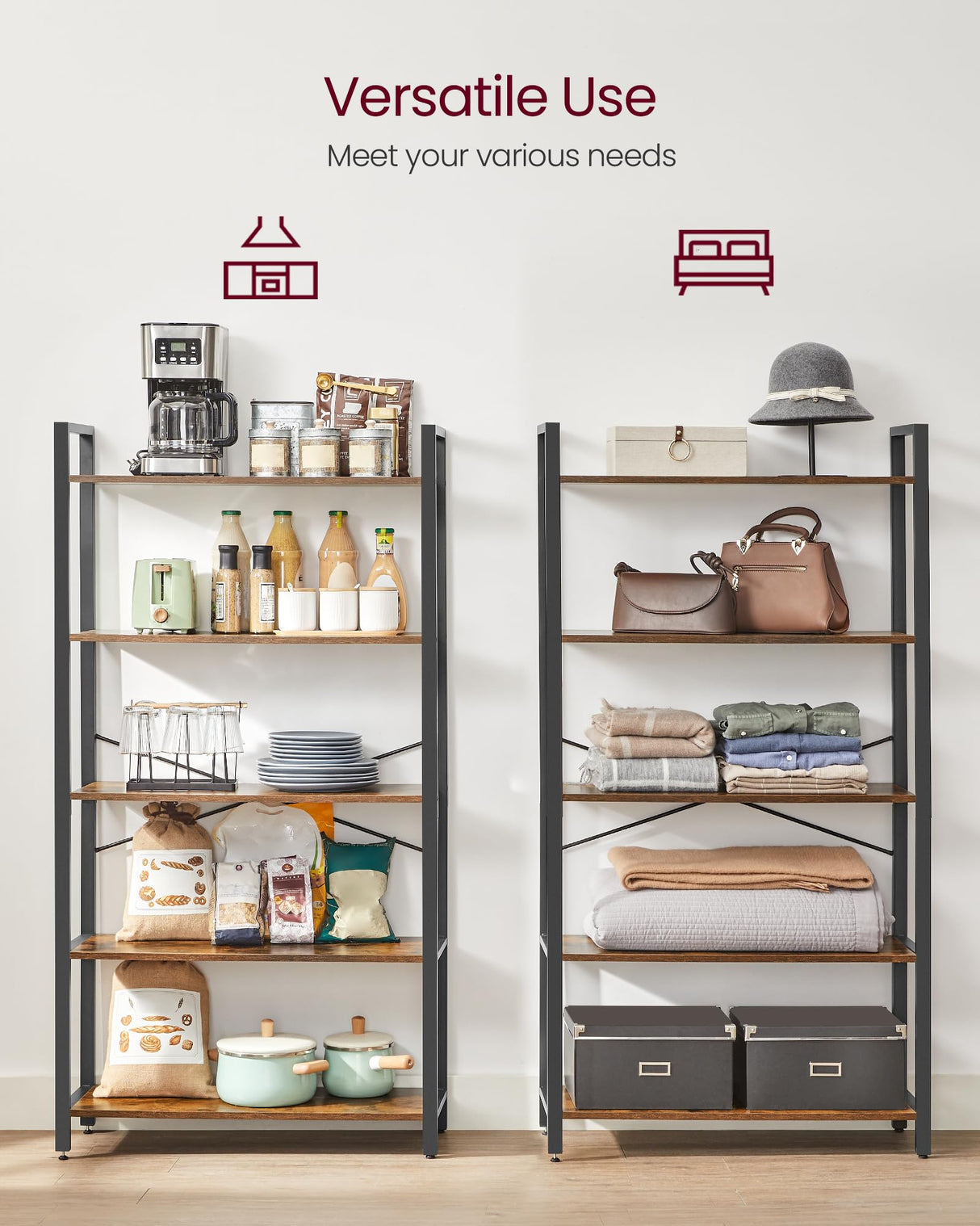 VASAGLE 5-Tier Bookshelf, Bookcase with Steel Frame, Book Shelf for Living Room, Home Office, Study, 11.8 x 31.5 x 60.2 Inches, Industrial Style, Rustic Brown and Ink Black ULLS081B01 VASAGLE