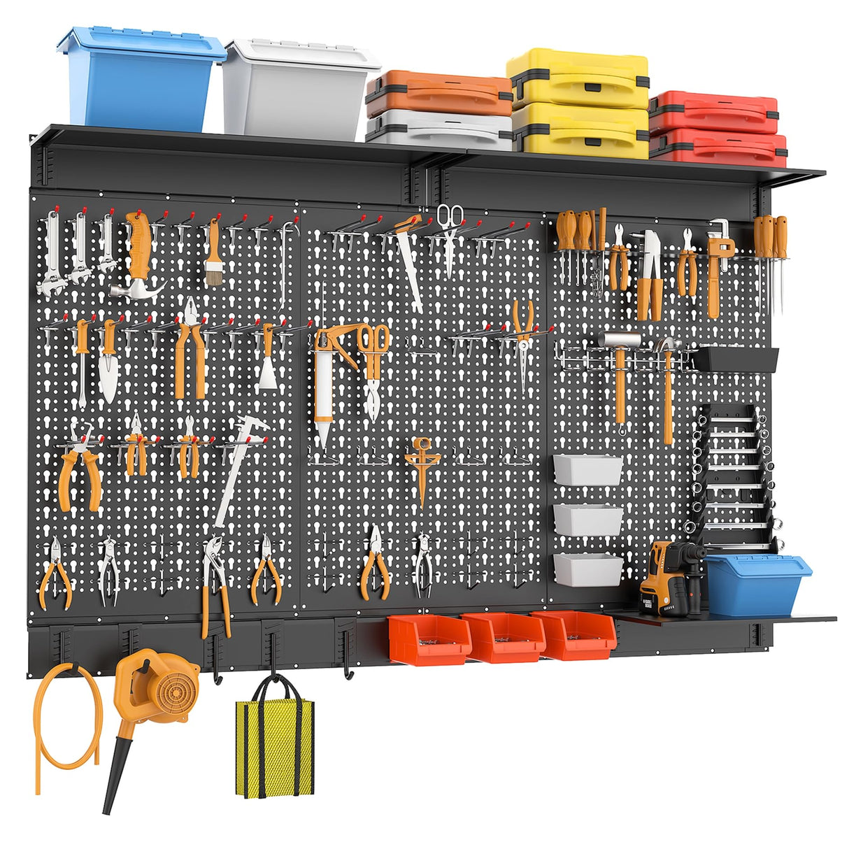 WALMANN 113 PCS Pegboard Wall Organizer Kit with Pegboard Hooks, Bins, Shelves, Pegboard Tools Storage System for Garage, Workbench, Modular Peg Board Tool Organizer Board with Hooks(Black) WALMANN