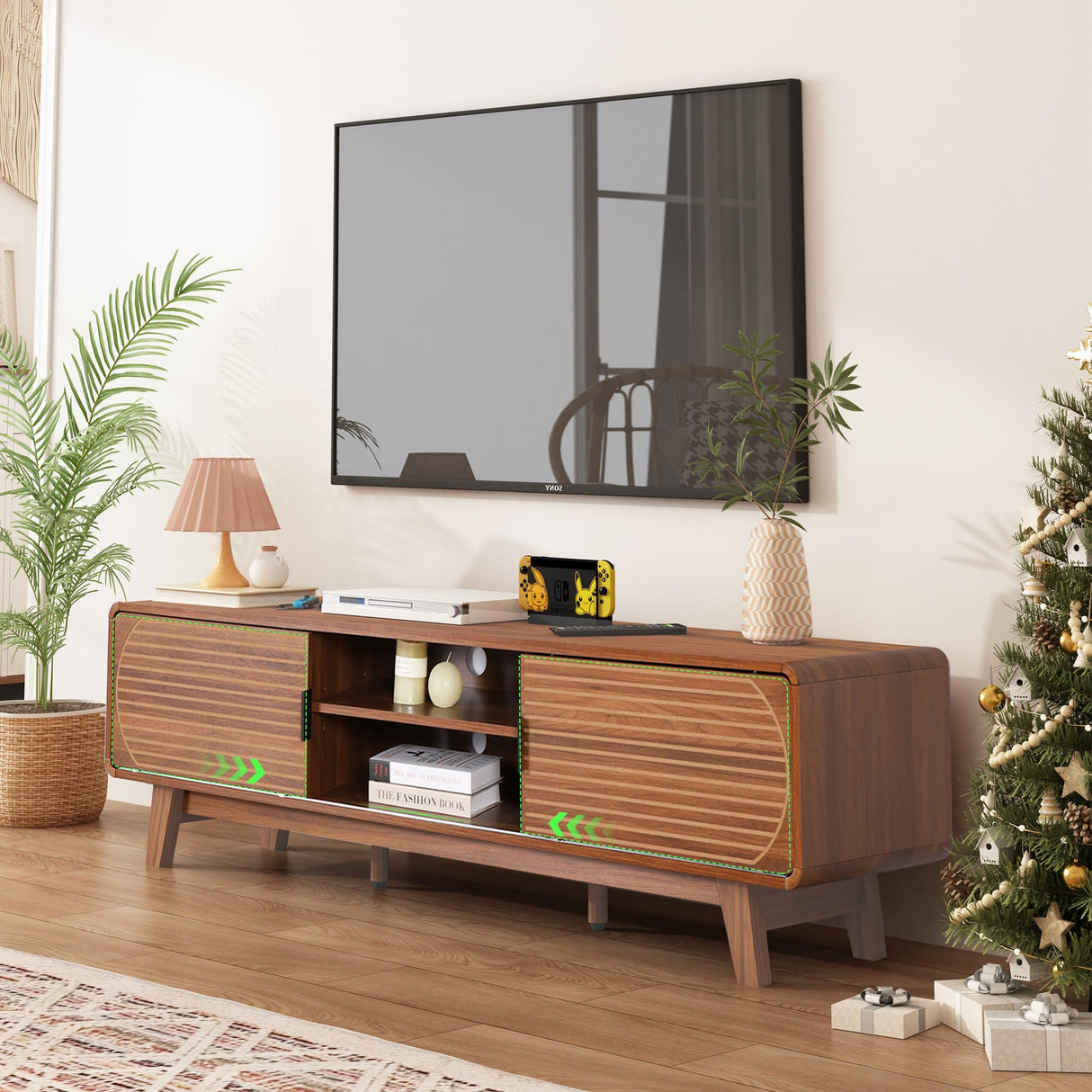 Janmer Home Mid Century Modern TV Stand for 55/60/65 Inch TV, 62" TV Console Table with Fluted Sliding Doors, Entertainment Center and Media Console with Storage for Living Room (Walnut, 62.2inch) Janmer Home