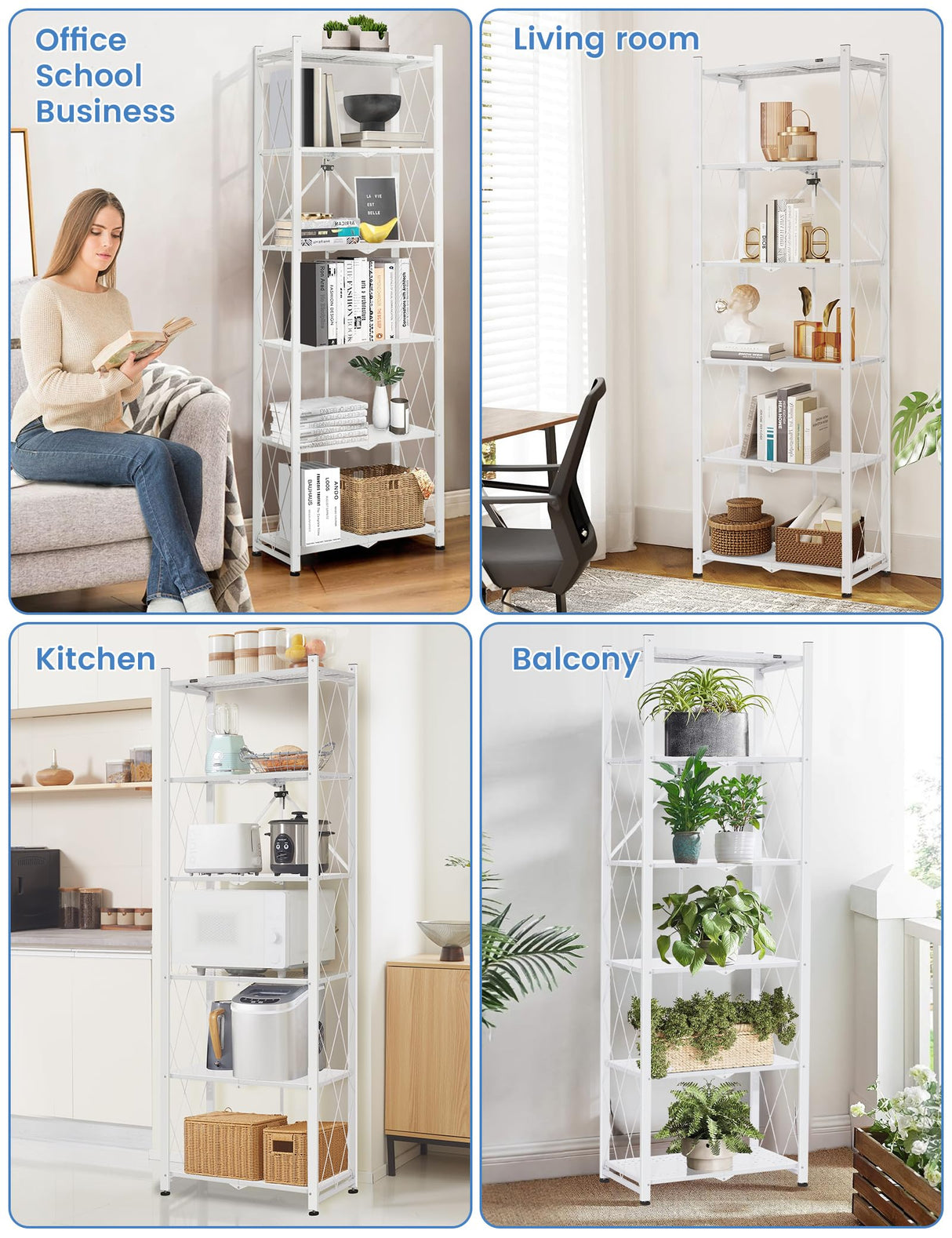 ALANNG 70.7-Inch Folding 6-Tier Metal Bookshelf - Versatile Heavy-Duty Bookcase (White, 2-Pack) ALANNG