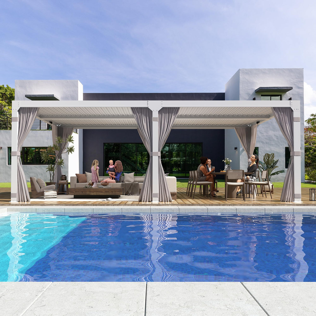 YOLENY Louvered Pergola 10x20, Aluminum Gazebo with Adjustable Waterproof Roof, Curtains and Netting Included, Deck and Backyard, White YOLENY