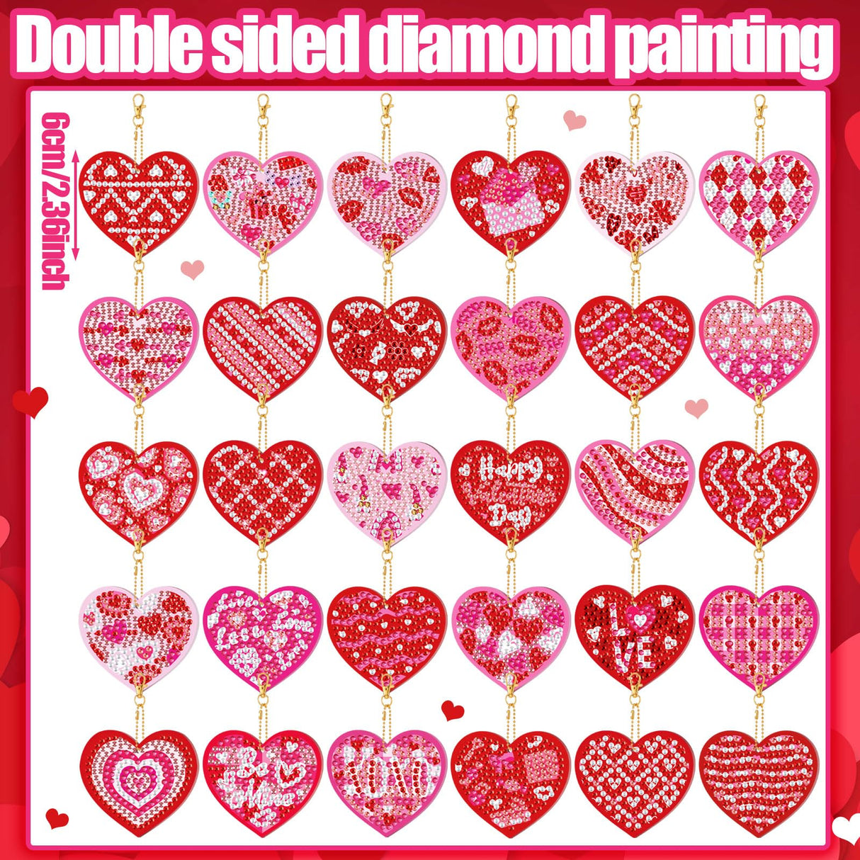 WILLBOND 30 Pcs Double Sided Diamond Art Keychain Ornaments DIY Diamond Painting Keychain Kits for Adults Key Ring Art Pendant Decor (Pink Heart) WILLBOND