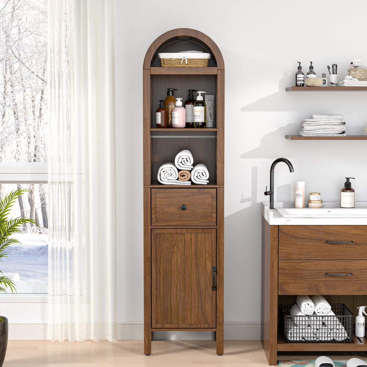Lxsxlome 64" Tall Bathroom Storage Cabinet with Adjustable Shelves,Tall Narrow Arched Freestanding Tower Cabinet with Fluted Doors and Drawers,Space Saving Organizer for Bathroom Living Room (Walnut) Lxsxlome