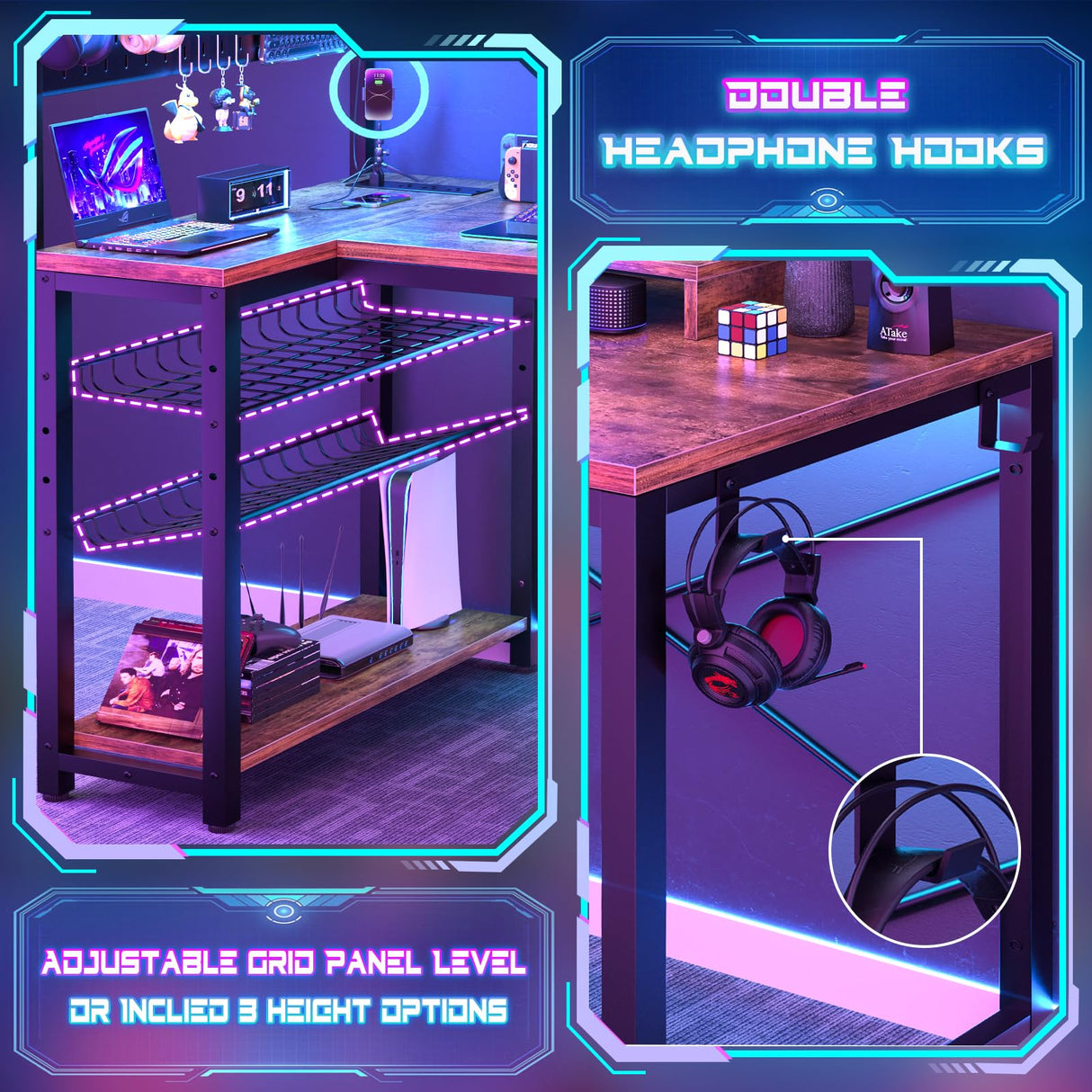 Homieasy Small Gaming Desk with Power Outlets Pegboard LED Light, 43 Inch L Shaped Computer Desk with Monitor Stand Storage Shelves, Reversible Corner Desk with Headset Hooks, Rustic Brown Homieasy