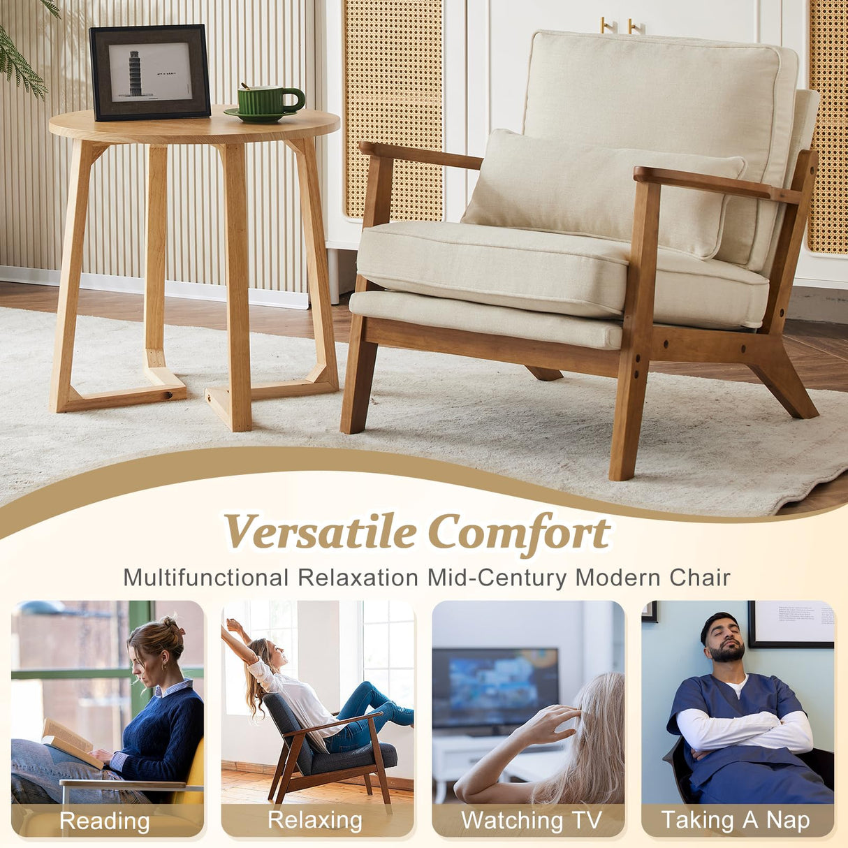 VINGLI Solid Wood Wide Armrests Accent Chair,Upholstered Mid Century Modern Chair with Pillow,Comfy Reading Chair Farmhouse Arm Chair,Chairs Living Room,Bedroom,Guest Room,Linen Fabric,Beige VINGLI