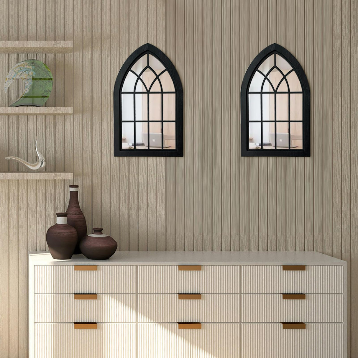 ZEXUIRU 2PCS Arched Window Wall Mirror,Rustic Farmhouse Accent Mirror, Wood Framed Entry Mirror for Living Room,Bathroom,Bedroom,Kitchen,15.5 * 9.8 Inch ZEXUIRU