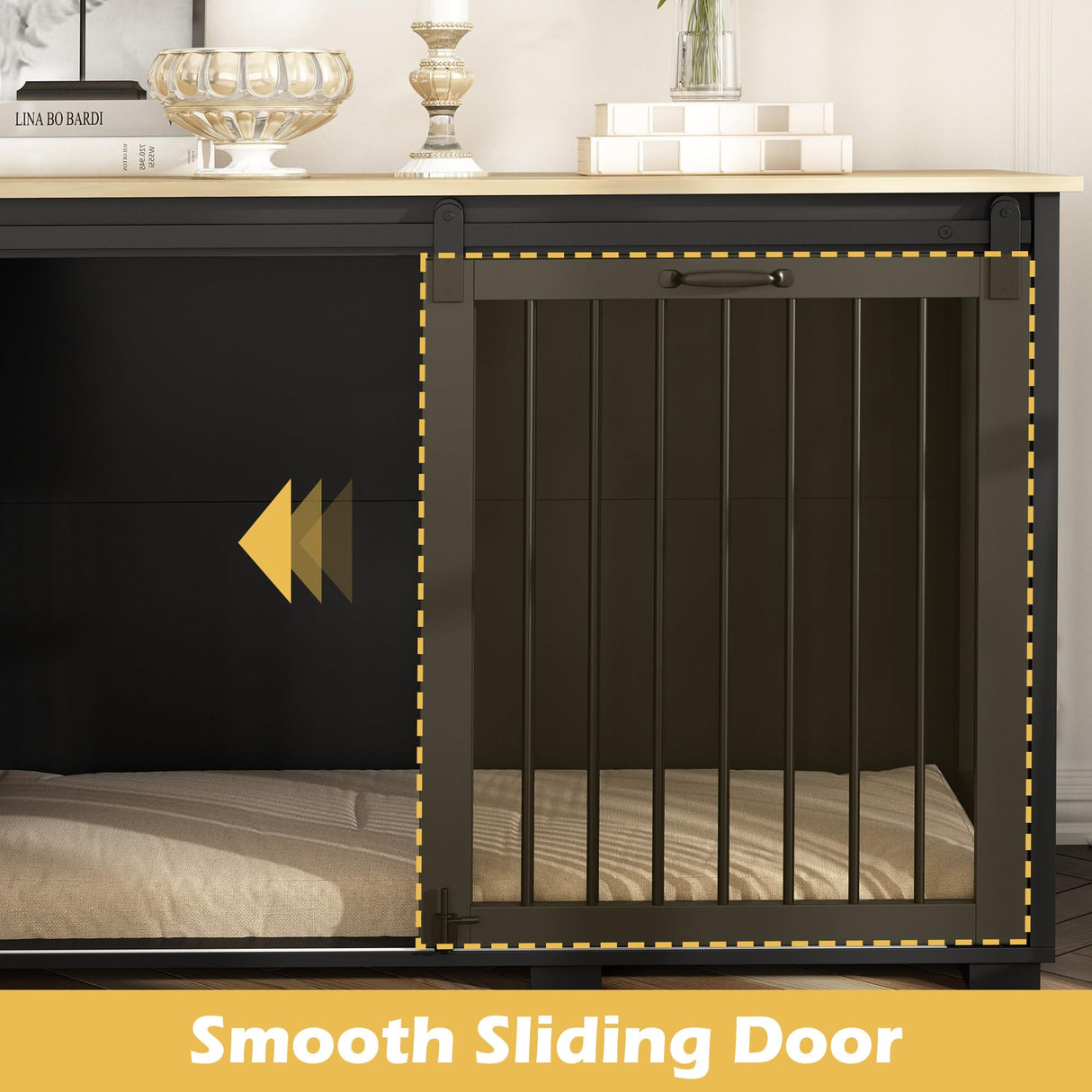 DAWNSPACES Large Dog Crate Funiture with Drawers, 78.7" Luxury Wooden Heavy Duty Dog Kennel Table Furniture with Sliding Door, Indoor Dog House TV Stand for Large Medium Breed Dogs, Black DAWNSPACES