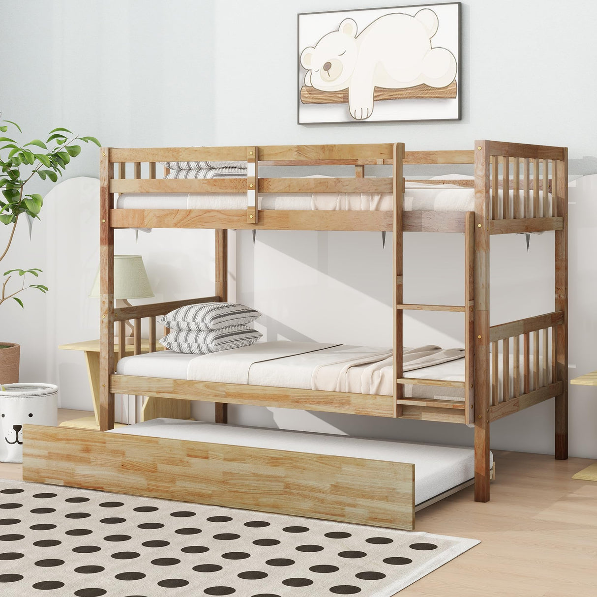 KEIKI Twin Over Twin Rubber Wood Bunk Bed with Trundle, Convertible into 2 Twin Size Beds, Twin Size Bunk Bed with Ladder and Safety Guardrails,Natural KEIKI