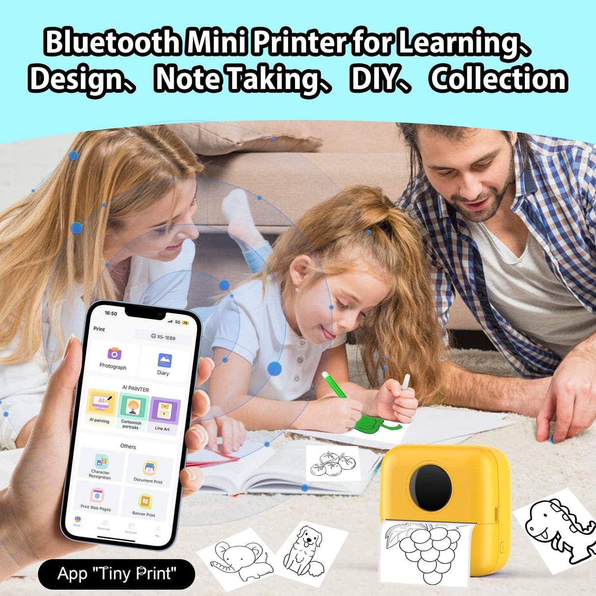 HuiJuKeJi Mini Sticker Printer Bluetooth Smart Pocket Inkless Thermal Printer with 11 Rolls Thermal Paper and Sticker for iOS&Android Print Pod, Portable Receipt Printer for Photo Note Memo (Yellow) HuiJuKeJi