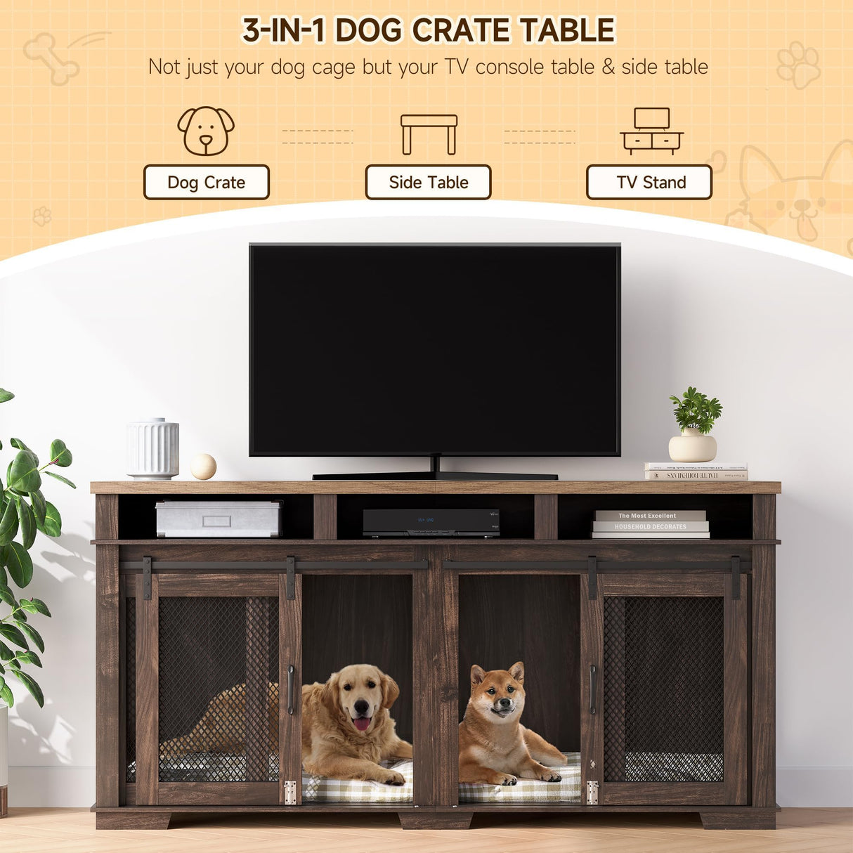 PeakPursuit 71" Extra Large Dog Crate Furniture,Wooden Double Dog Crates Kennel Cage,Furniture Style TV Stand Side End Table for 2 Dogs with Removable Divider for Large Dogs,Dark Walnut/Light PeakPursuit